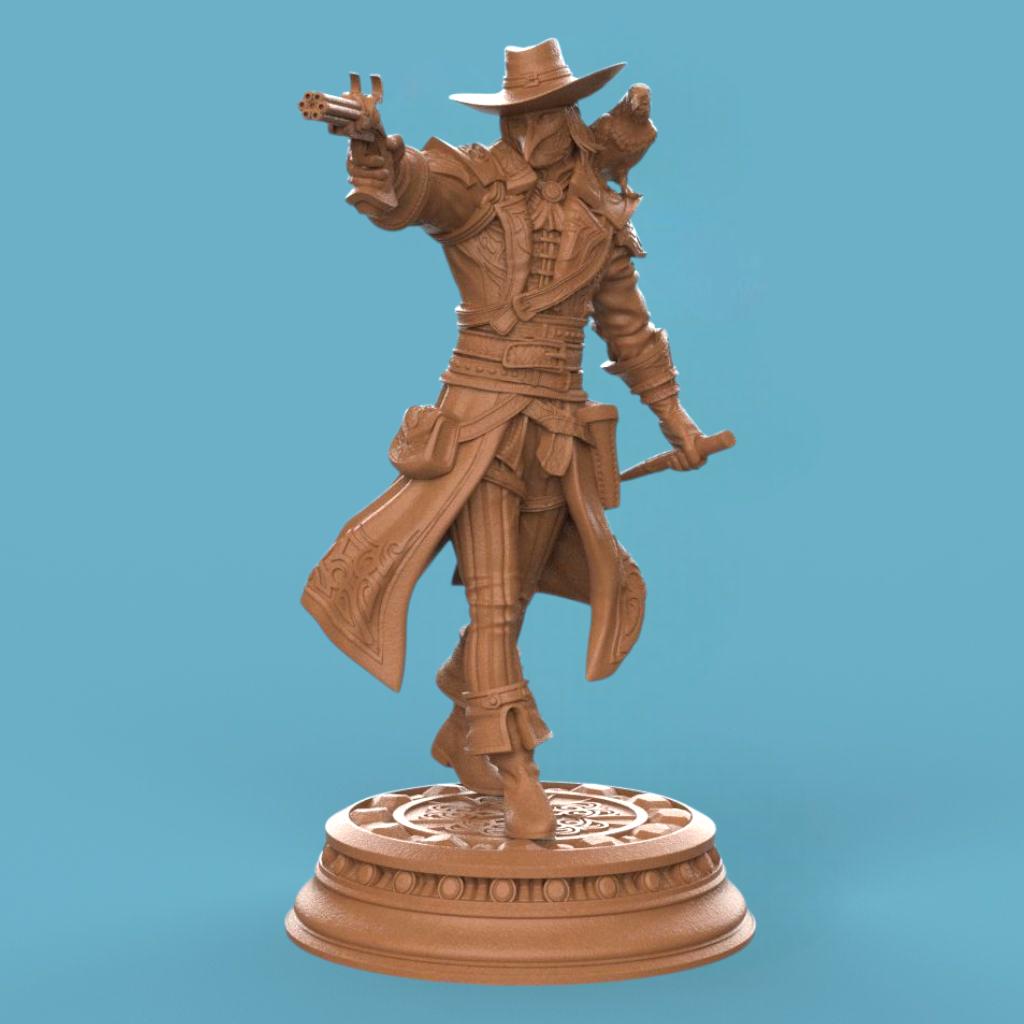 3D-printed miniature of a Vampire Hunter Gunslinger posed in a dynamic stance. The figure wears a wide-brimmed hat and long flowing coat detailed with ornate patterns. One arm extends forward aiming a revolver, while the other holds a weapon at the side. The base is circular with intricate carvings, enhancing the gothic and adventurous style of the character.