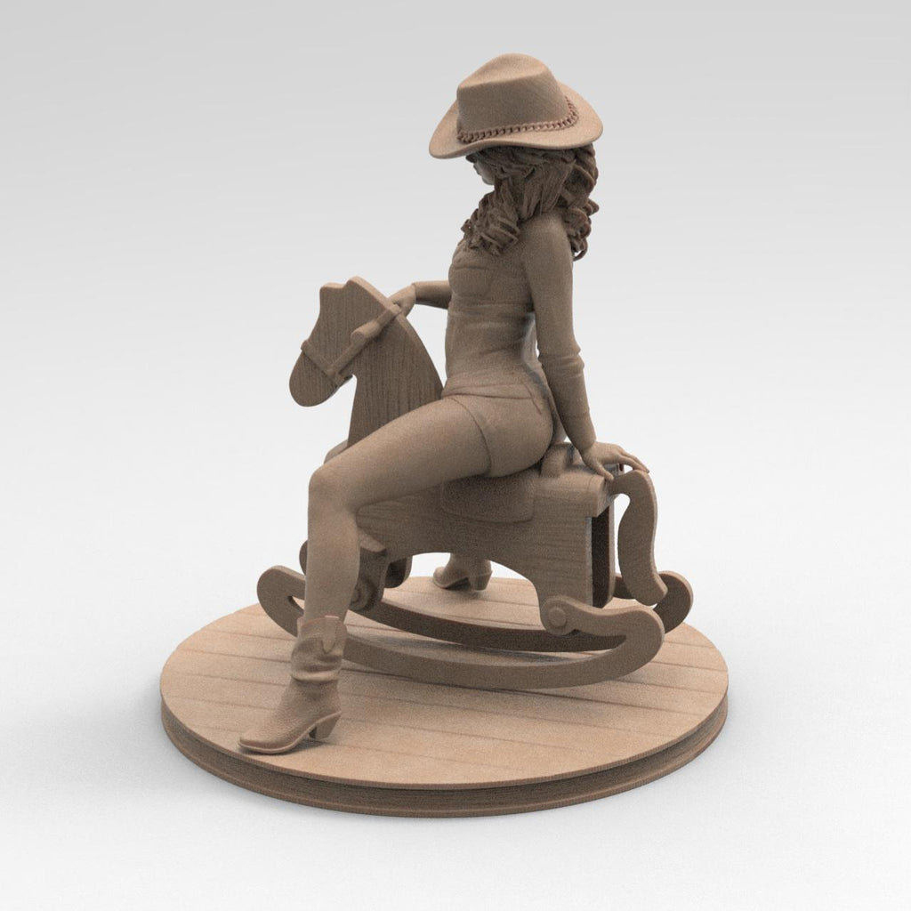 Antique wood-colored statue of a cowgirl wearing a hat and boots, riding a detailed rocking horse, posed on a circular wooden base with a rustic finish.