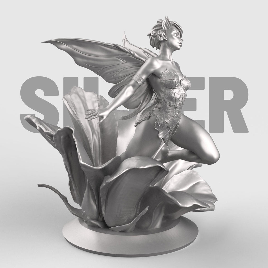 3D-printed figurine of a graceful fairy with delicate wings, poised elegantly atop a blooming flower. The fairy’s flowing form and detailed floral base highlight fantasy artistry, making it a stunning collectible or home décor piece.