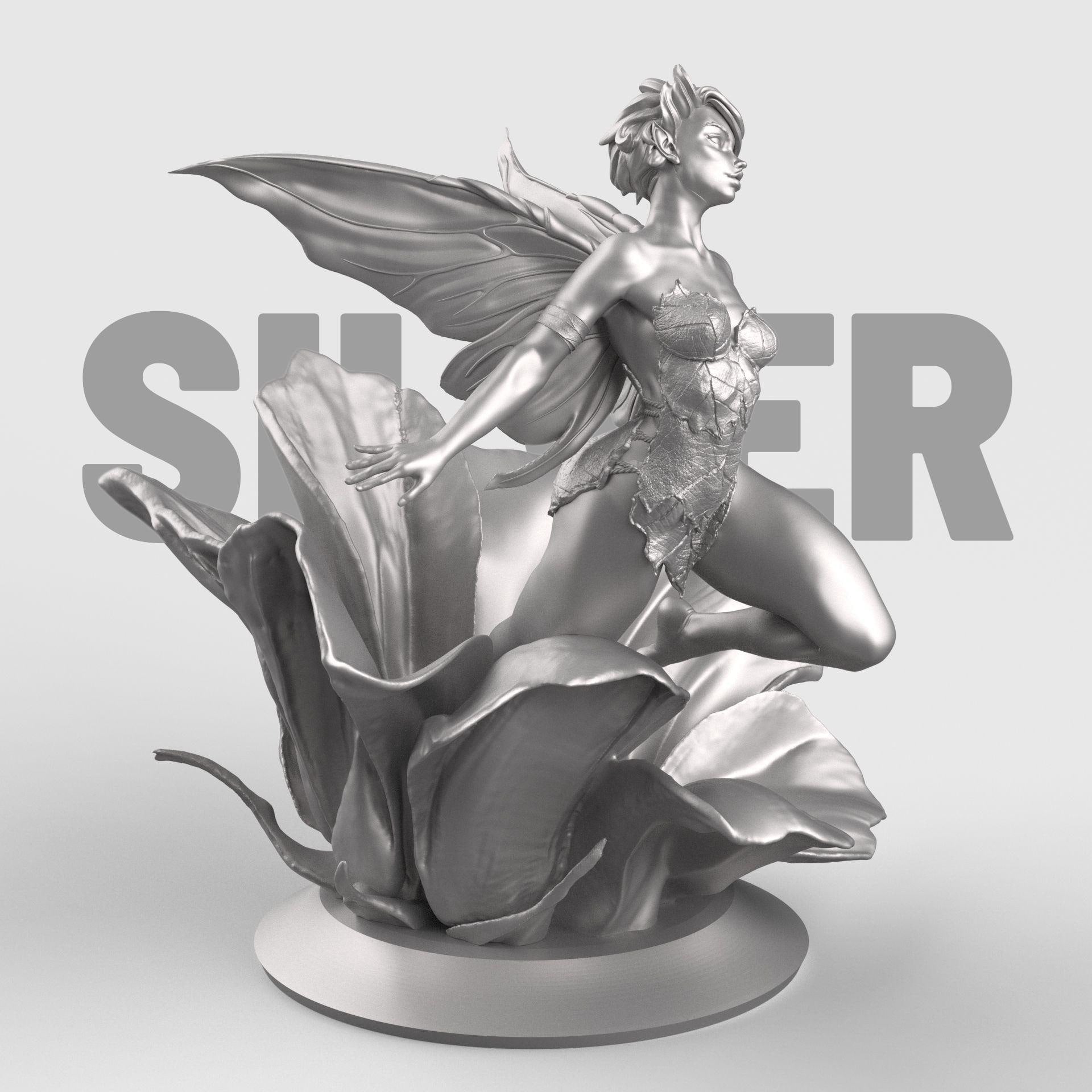 3D-printed figurine of a graceful fairy with delicate wings, poised elegantly atop a blooming flower. The fairy’s flowing form and detailed floral base highlight fantasy artistry, making it a stunning collectible or home décor piece.