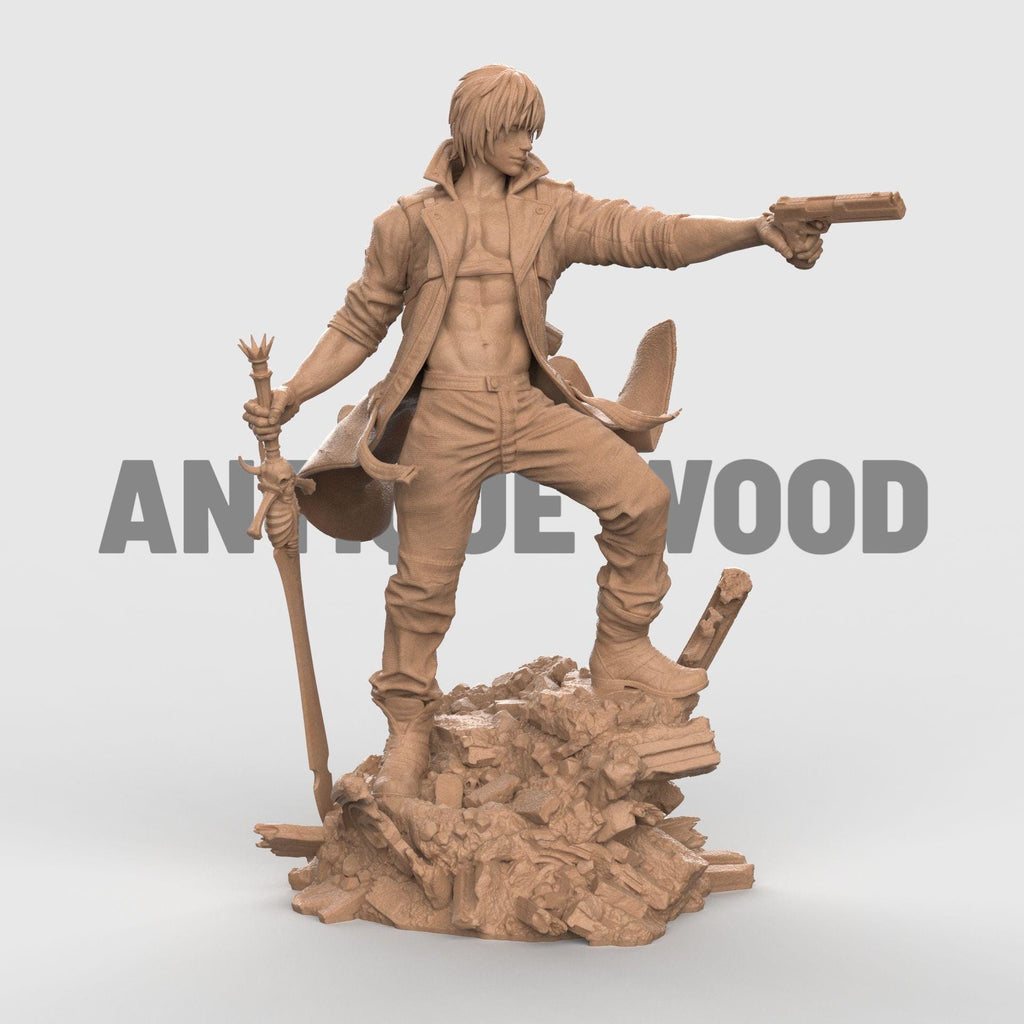 Dante figurine posed dynamically on rocky terrain, wearing a flowing red coat and holding a pistol aimed forward, with detailed sculpting and painted finish.