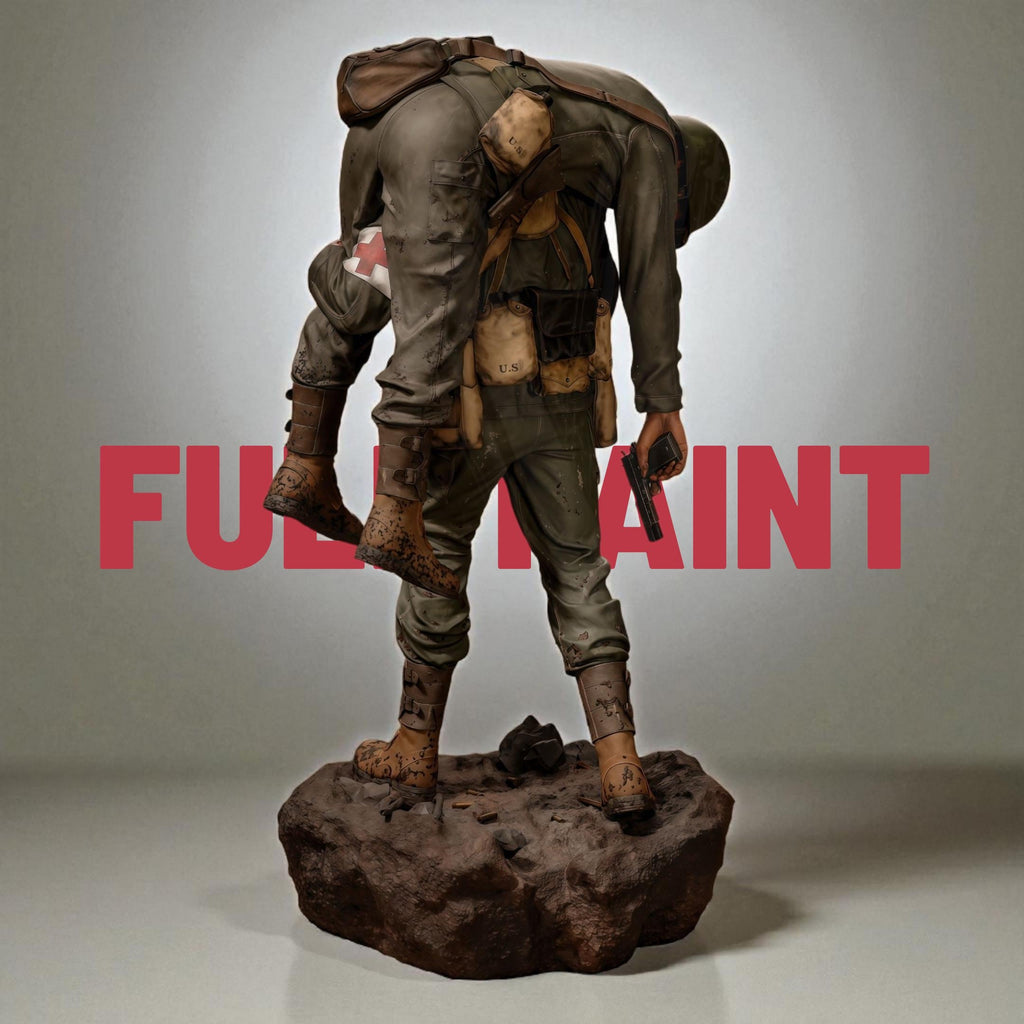 Detailed 3D-printed statue of a WWII soldier carrying a wounded comrade on his back, symbolizing courage, sacrifice, and brotherhood in battle. The figure is set on a rocky base, capturing raw emotion and heroic realism.