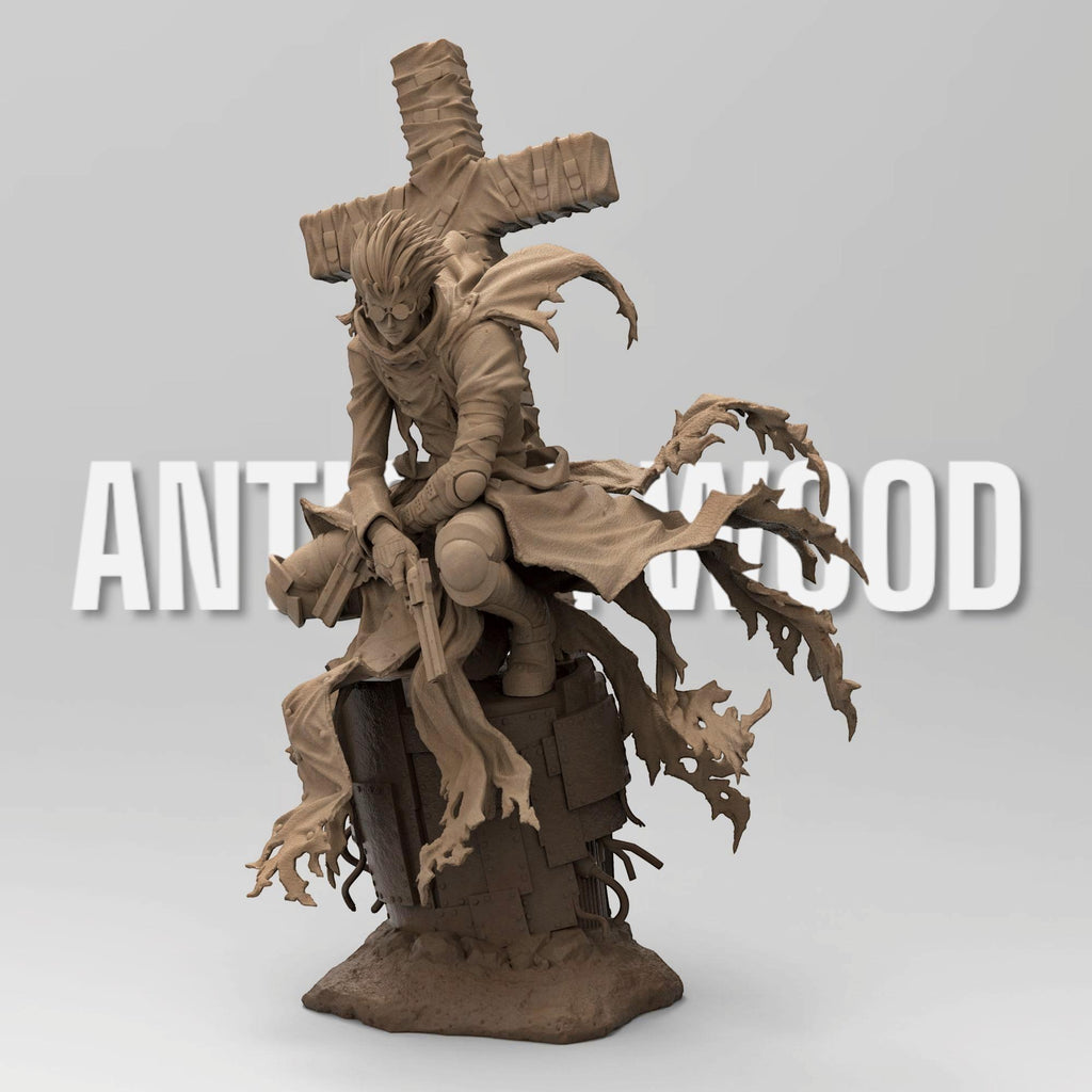 Vash the Stampede figure, posed on a weathered base with tattered red coat flowing. Holds dual revolvers, massive wrapped cross weapon on back. Inspired by Trigun, capturing his dynamic movement and signature look.