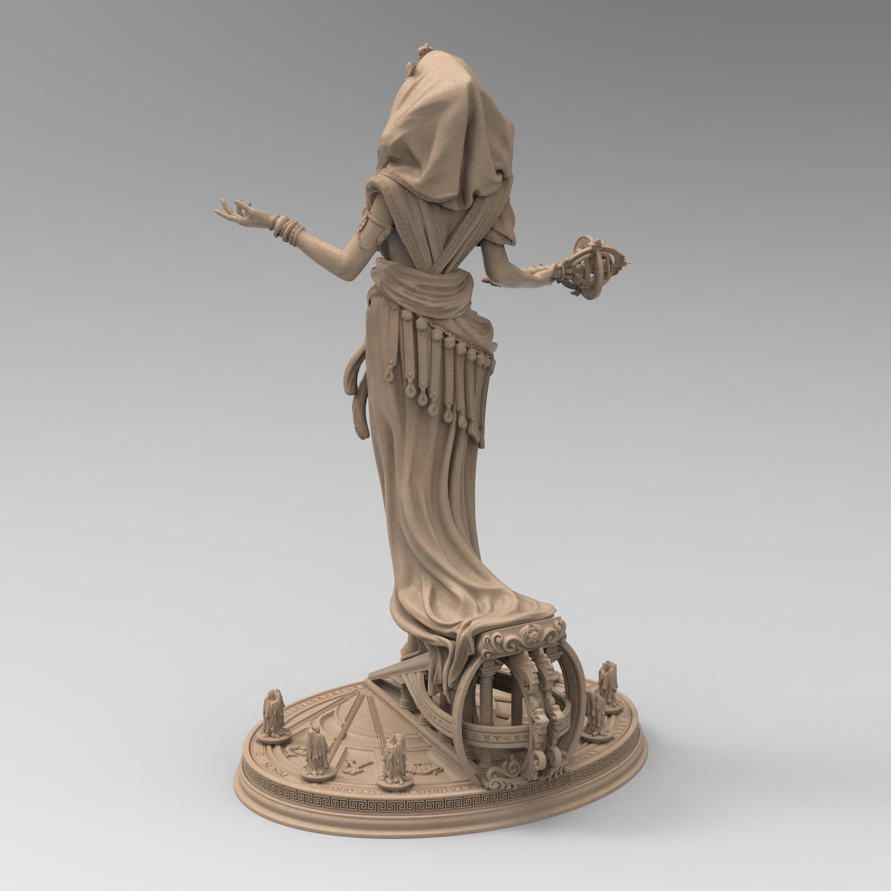 Elegant statue of Lakhesis, the Moirai. Draped in flowing robes with intricate details, a veiled face, and a majestic headdress. Symbolizing the measurer of fate, she stands with a poised and mystical presence.
