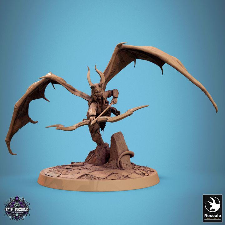 A fierce female cambion with demonic wings, curved horns, and a serpent tail wields a deadly spear and shield. Her armored form exudes power as she stands ready for battle, embodying both beauty and terror in a masterfully sculpted miniature.