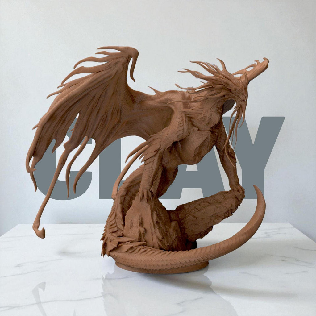 3D-printed Dragon Bahamut figurine featuring an awe-inspiring mythical dragon perched on a rocky base. The sculpture showcases flowing wing membranes, sharp scales, and a dynamic pose that radiates strength and majesty — a centerpiece piece for fantasy collectors and dragon enthusiasts alike.