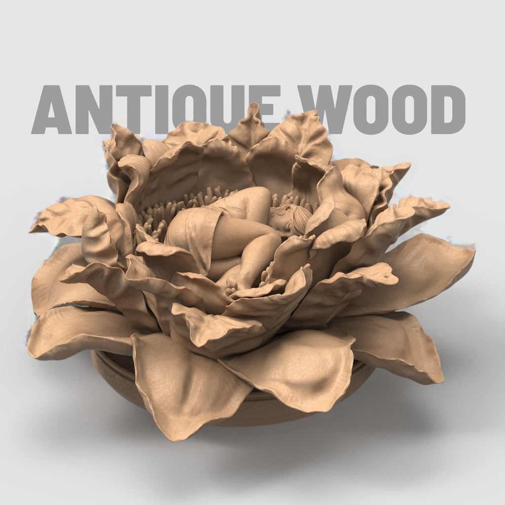 Intricate 3D-printed sculpture of a young woman peacefully curled up and sleeping within the center of a large blooming flower. The figure is detailed with delicate petals and lifelike textures, available in both unpainted and hand-painted versions. The painted model features deep red petals and a pale yellow dress, creating a dreamy, fairytale-like appearance.