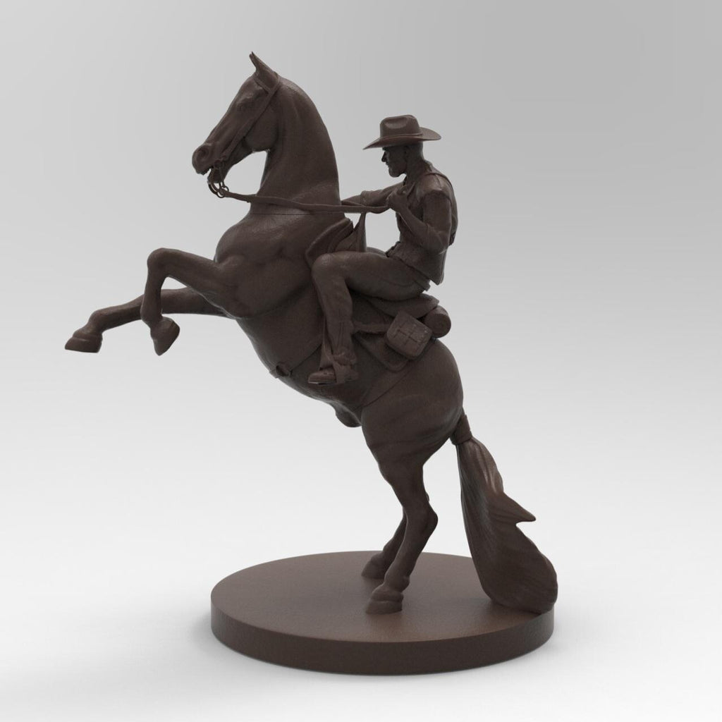 Antique wood-colored statue of The Wild West Cowboy, mounted on a rearing horse, holding a rifle, with intricate details on the base inscribed &#39;Red Dead Redemption.