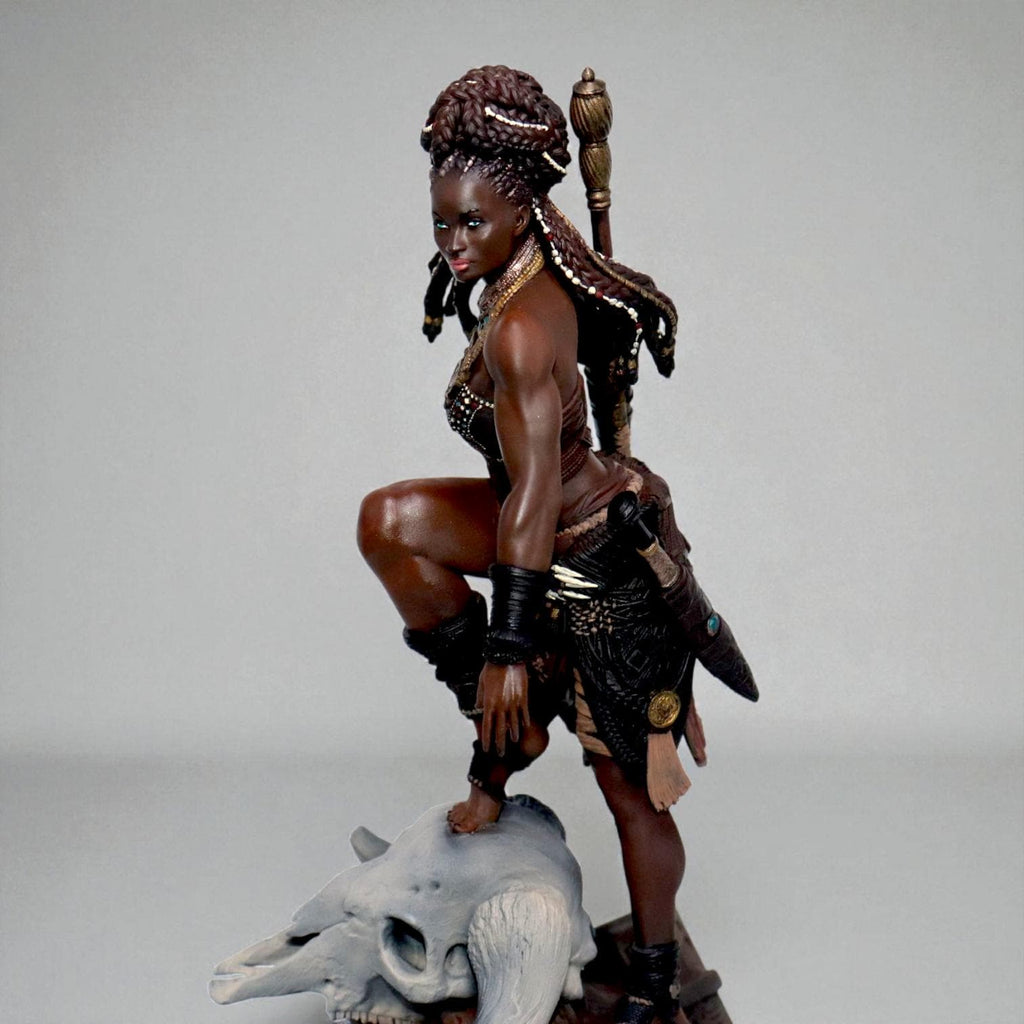 Elzebe, the Warrior Queen, stands atop a rocky skull, exuding strength and regality. Clad in intricate armor, her braided hair flows as she surveys the battlefield. A fierce leader, she embodies resilience and power, a true queen of war and legend.