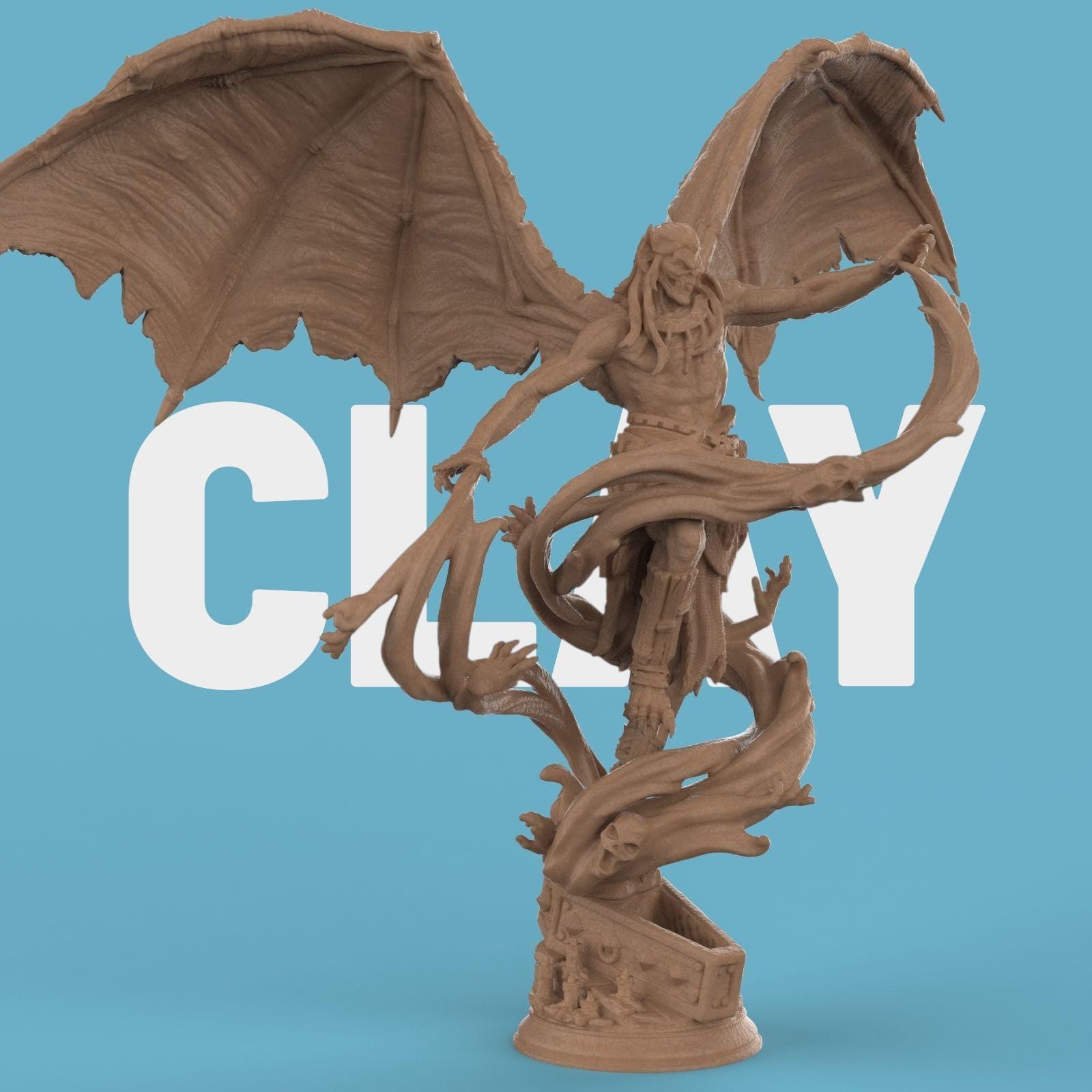 3D-printed statue of Elder Vampire Theldranax, a demonic figure with massive wings, sharp horns, and a muscular form. Twisting spectral hands and tendrils rise from the base, entwining the vampire as he looms with an ominous, commanding presence.