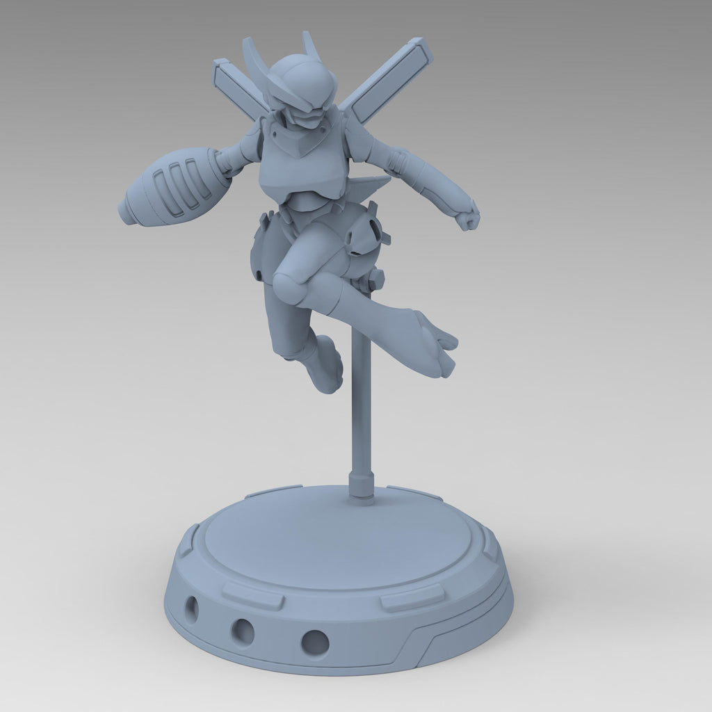 Cyberbabe Mommo, a dynamic cyberpunk warrior, soars mid-air in sleek armor with powerful gauntlets and a futuristic visor. Her agile stance and mechanical enhancements make her a striking figure for sci-fi enthusiasts and collectors.