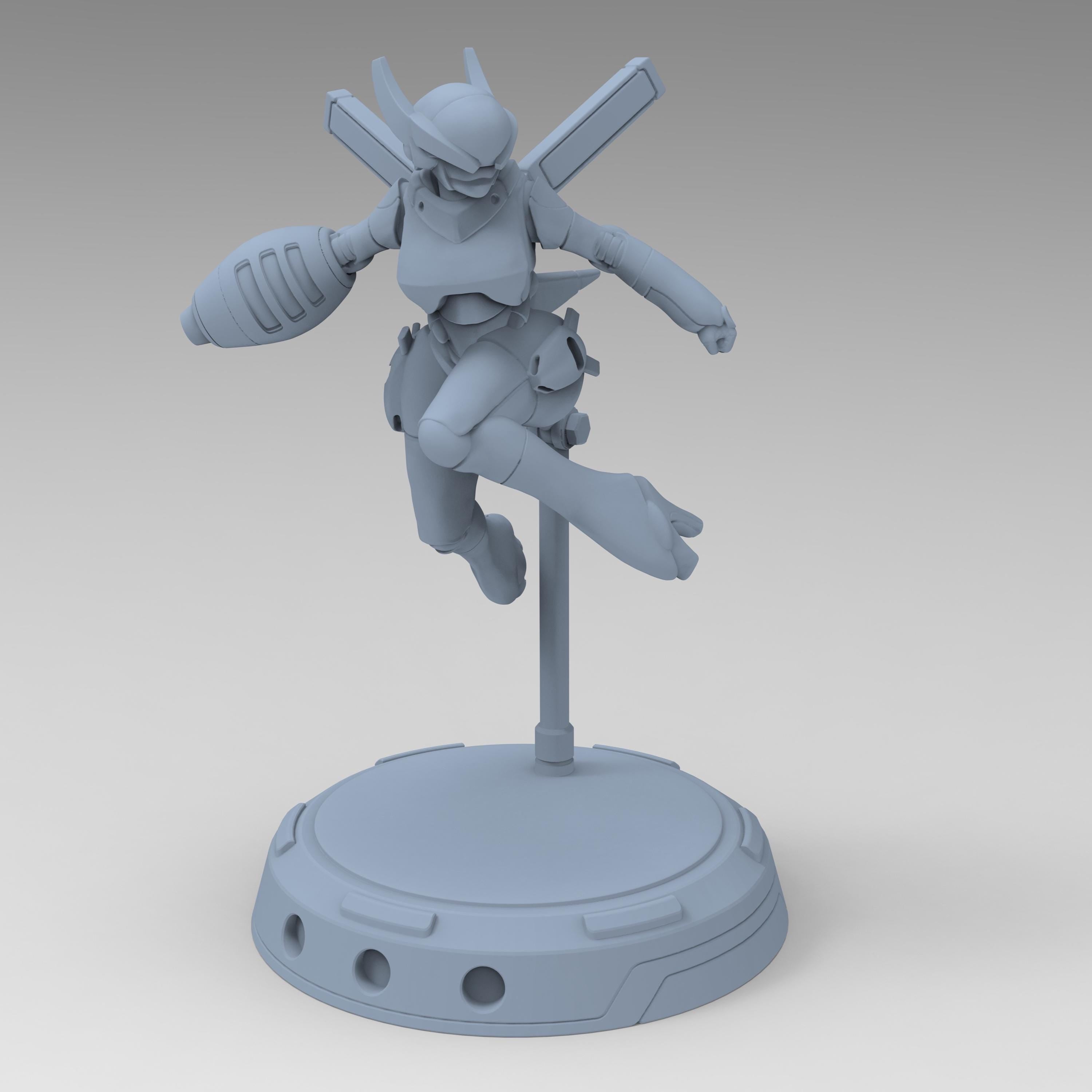 Cyberbabe Mommo, a dynamic cyberpunk warrior, soars mid-air in sleek armor with powerful gauntlets and a futuristic visor. Her agile stance and mechanical enhancements make her a striking figure for sci-fi enthusiasts and collectors.