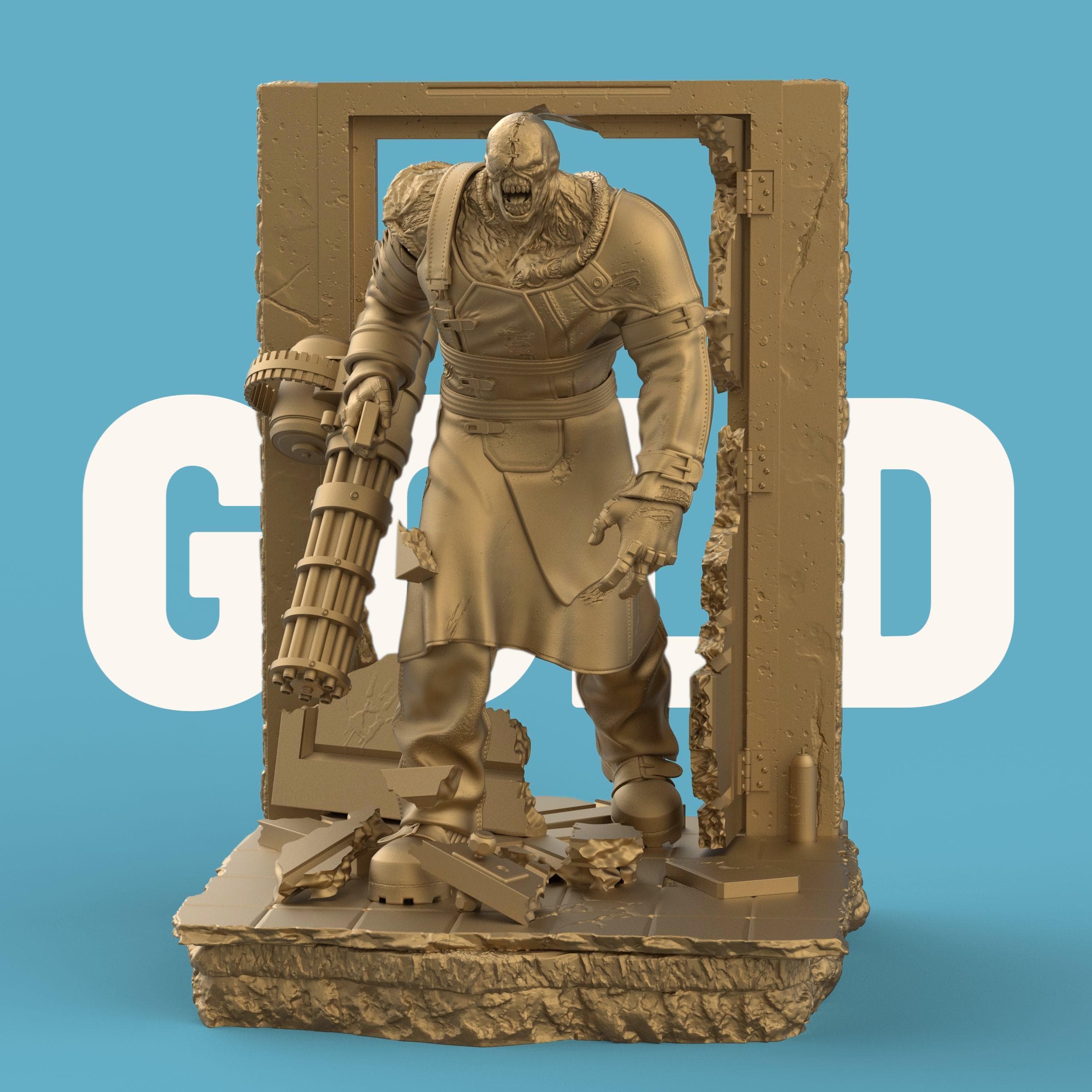 A figurine depicting Nemesis of the Dead, featuring a monstrous humanoid character with exposed, veined shoulders and a heavily scarred face. The figure stands menacingly inside a battered doorway, holding a large gatling gun and wearing a tattered black trench coat. The base shows broken debris and rubble, emphasizing a sense of destruction.