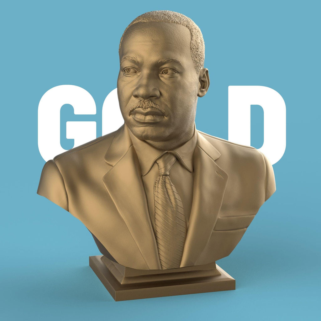 3D-printed bust of Martin Luther King Jr. in a suit and tie, capturing his determined expression with fine detailing, ideal for collectors, tributes, or display décor.