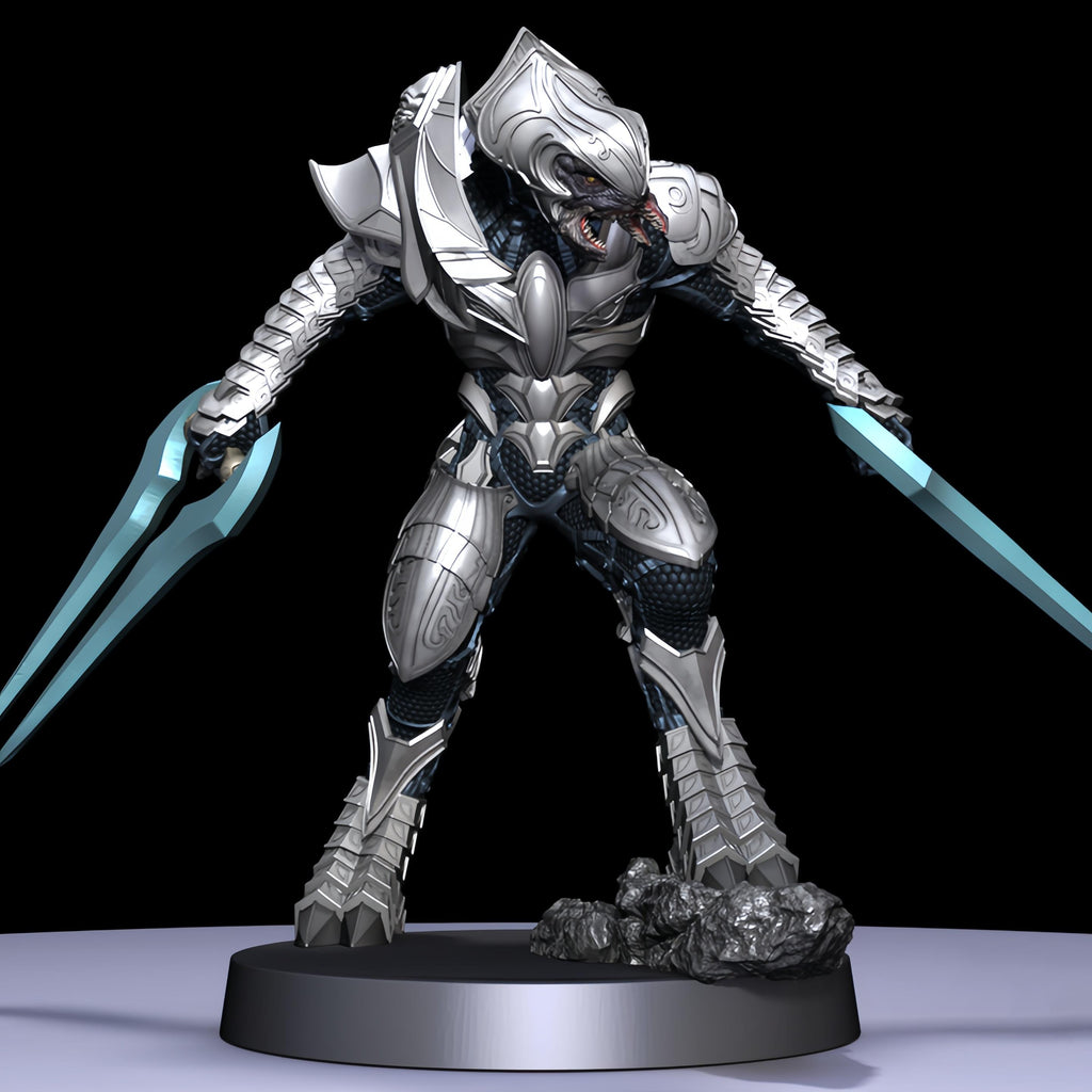 Arbiter miniatures in silver armor with blue details, posed dynamically with an energy sword or plasma rifle. Intricate sculpting captures the iconic Sangheili warrior, perfect for collectors and tabletop games.