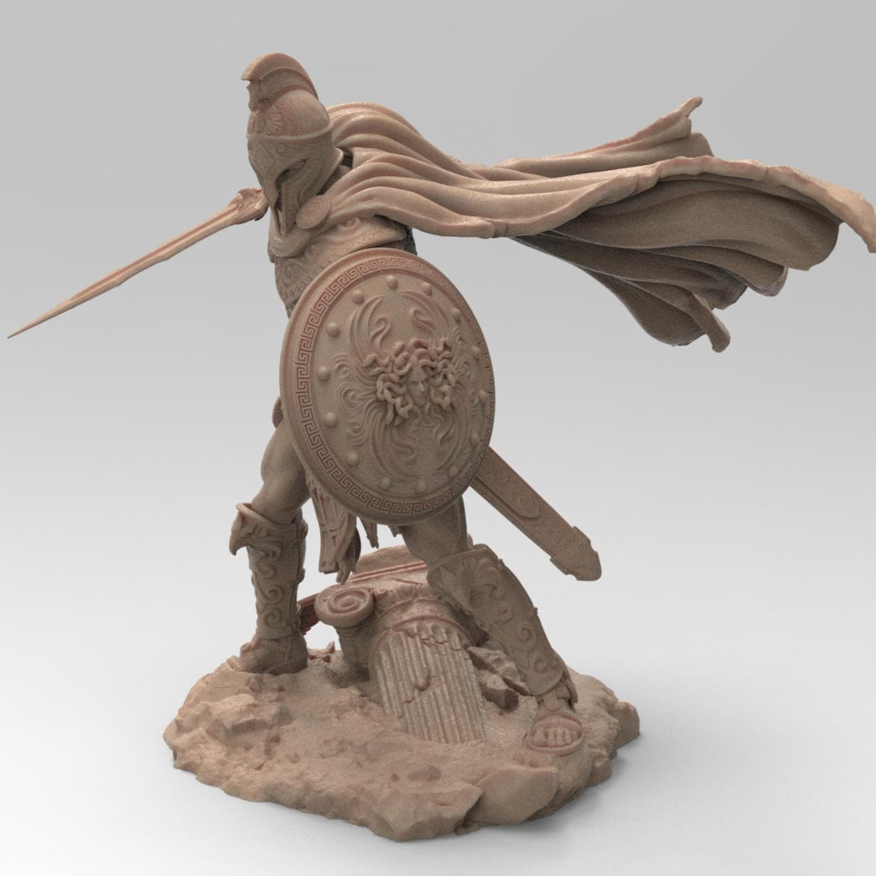 Detailed 3D-printed statue of Perseus in dynamic battle pose, holding a sword and shield, wearing intricately designed armor and a flowing cape, standing on a base with broken columns and rubble.