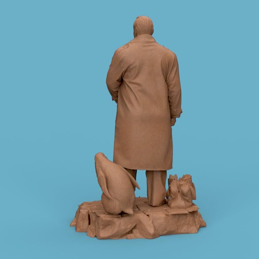 3D-printed figurine of The Penguin Man standing on a textured stone base, holding an umbrella and a gun, with two penguins by his side. The sculpture showcases detailed clothing folds and facial expression, making it ideal for collectors of cinematic or villain-inspired art pieces.