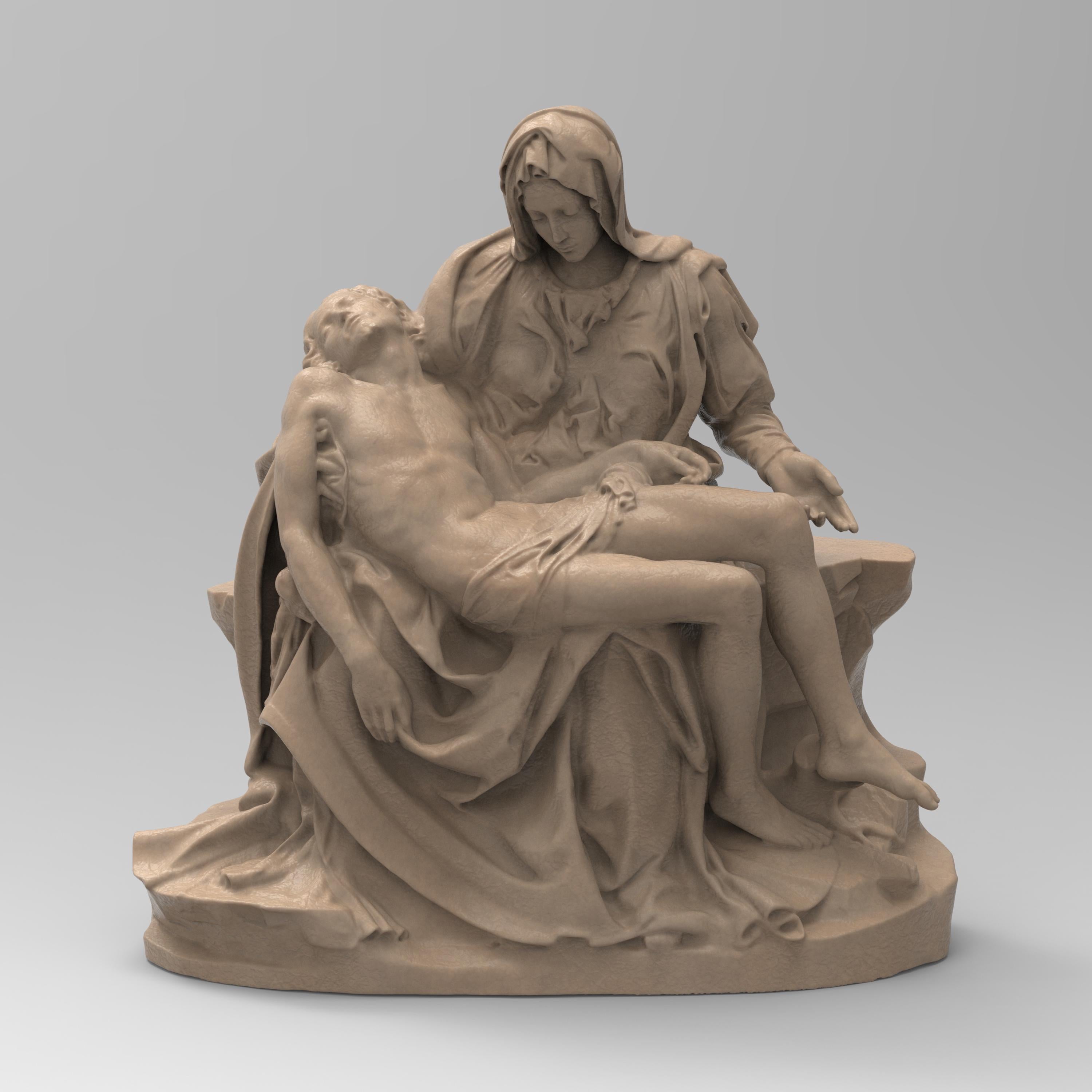 Detailed La Pietà statuette depicting Mary cradling the lifeless body of Jesus. Features intricate drapery, serene expressions, and masterful sculpting inspired by Michelangelo’s Renaissance masterpiece.