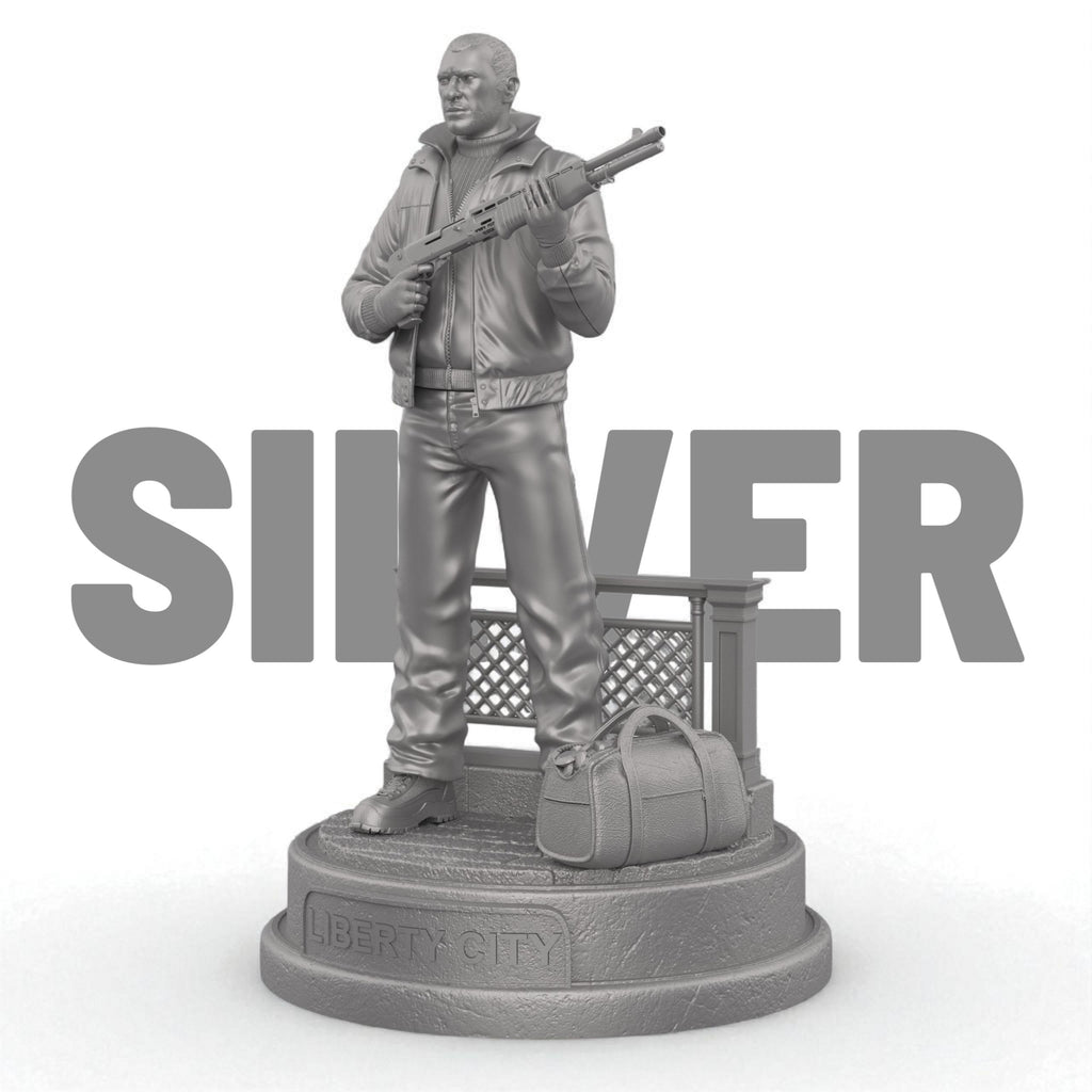 Highly detailed 3D-printed figurine of a rugged man holding a shotgun, standing confidently on a circular base marked with “Liberty City,” accompanied by a duffel bag and fence detail, perfect for collectors.