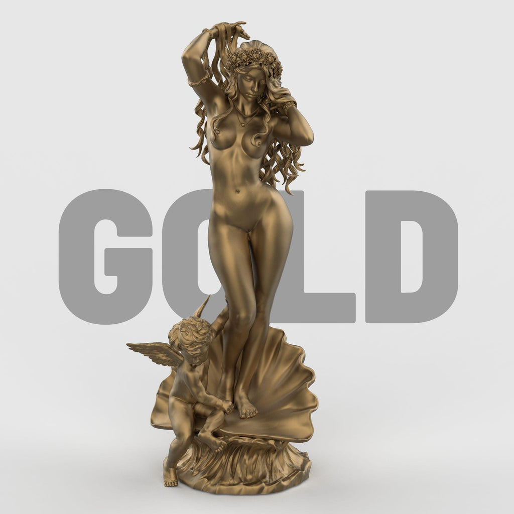3D statue of Aphrodite, standing gracefully on a shell with flowing hair and floral wreath, accompanied by a cherub at her feet, set against a neutral background.