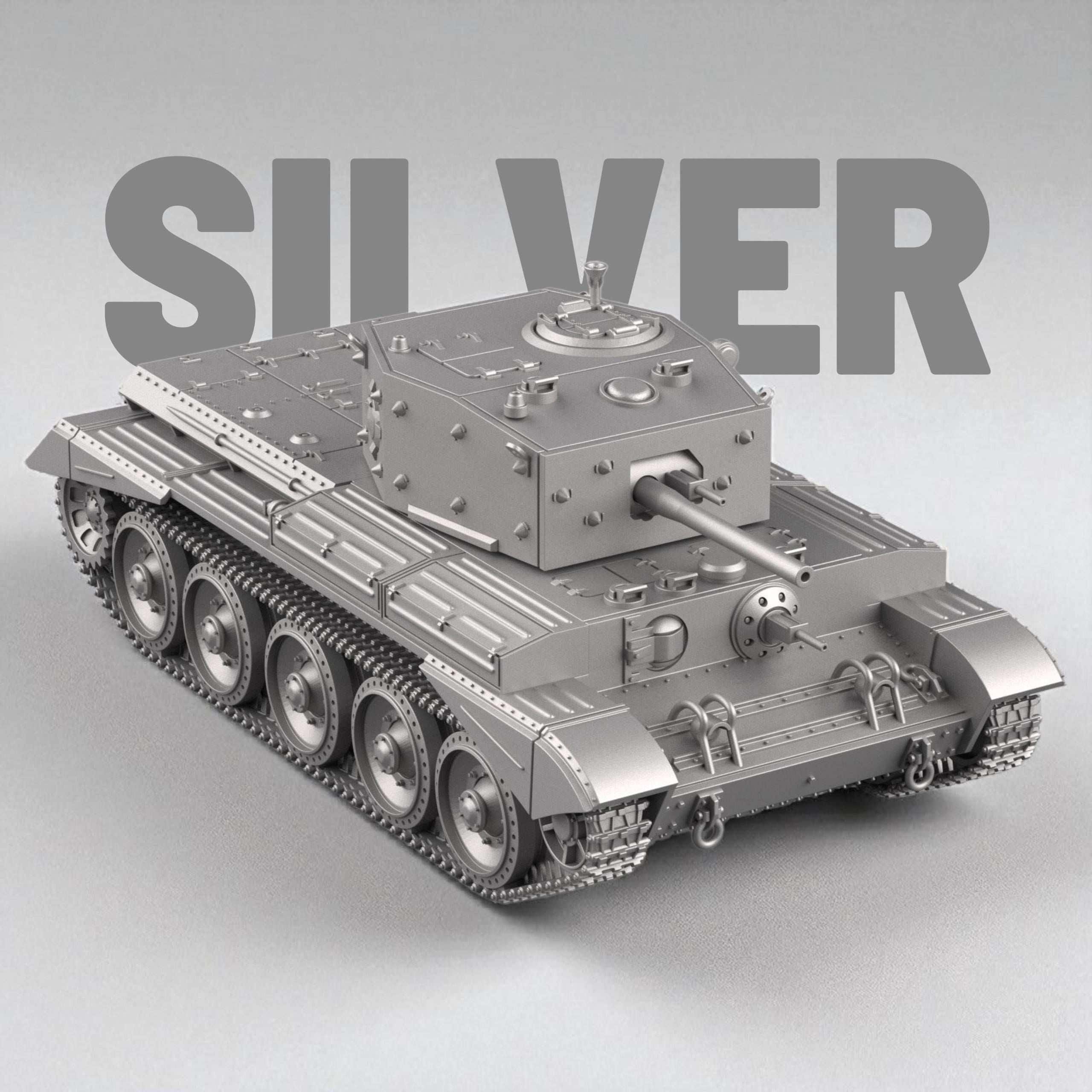 3D model of the British Cruiser Mk IV tank, featuring detailed armor plating, riveted turret, and six road wheels per side, shown in both matte dark and metallic silver finishes.