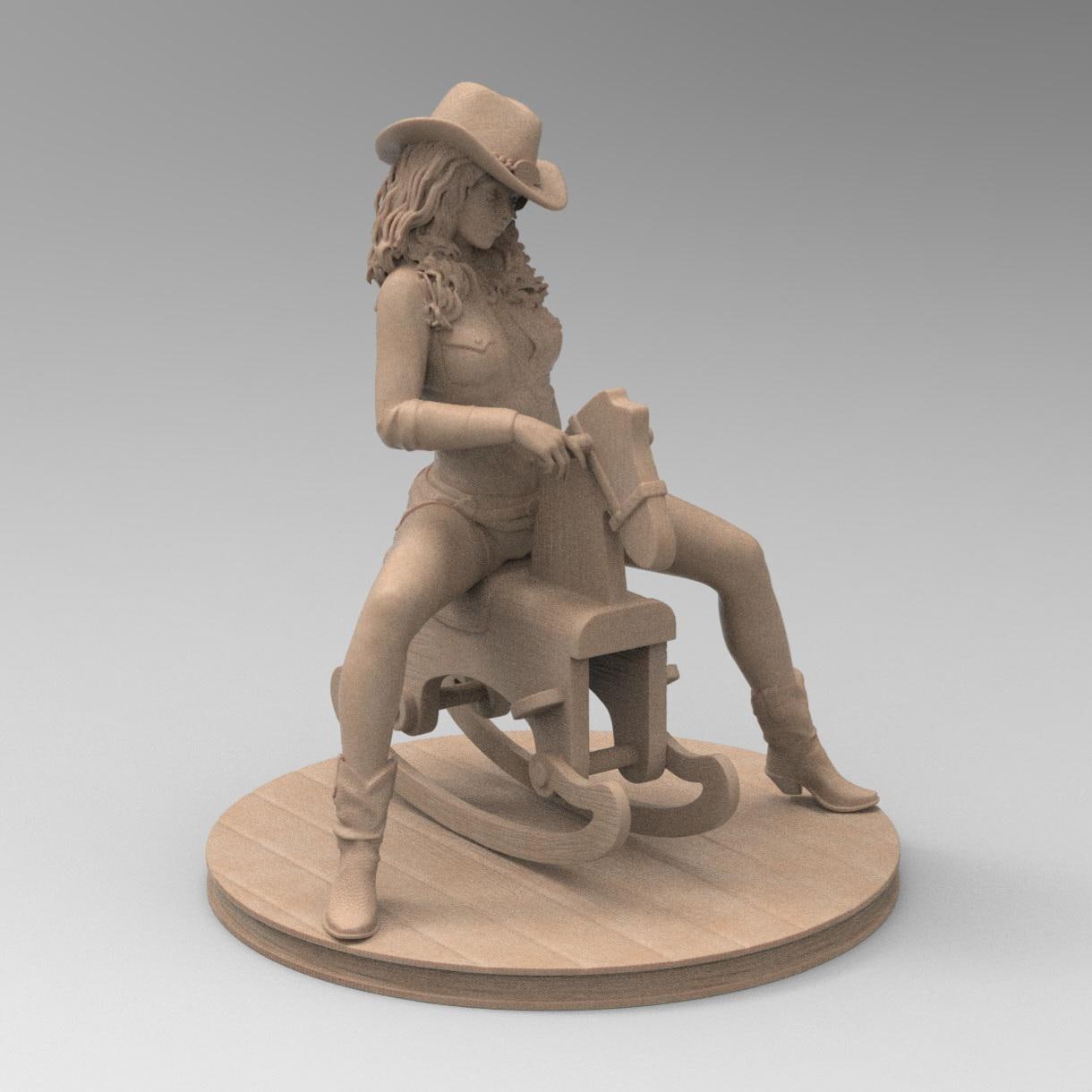Antique wood-colored statue of a cowgirl wearing a hat and boots, riding a detailed rocking horse, posed on a circular wooden base with a rustic finish.