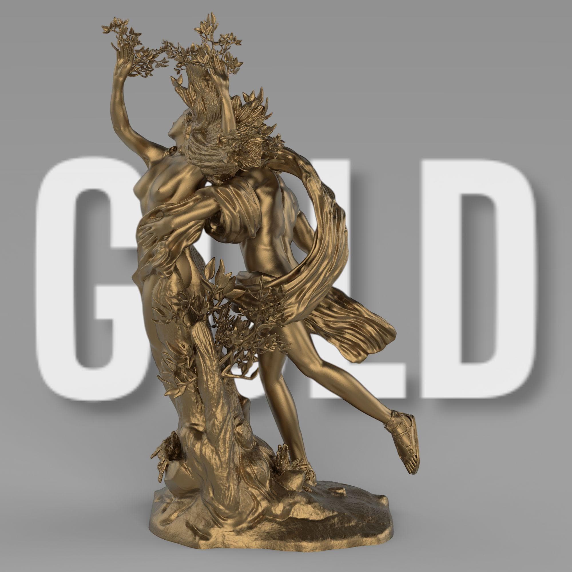 A statue of Apollo reaching for Daphne as she transforms into a laurel tree. Her hands and limbs sprout branches, capturing the dramatic moment of pursuit and escape in intricate detail.