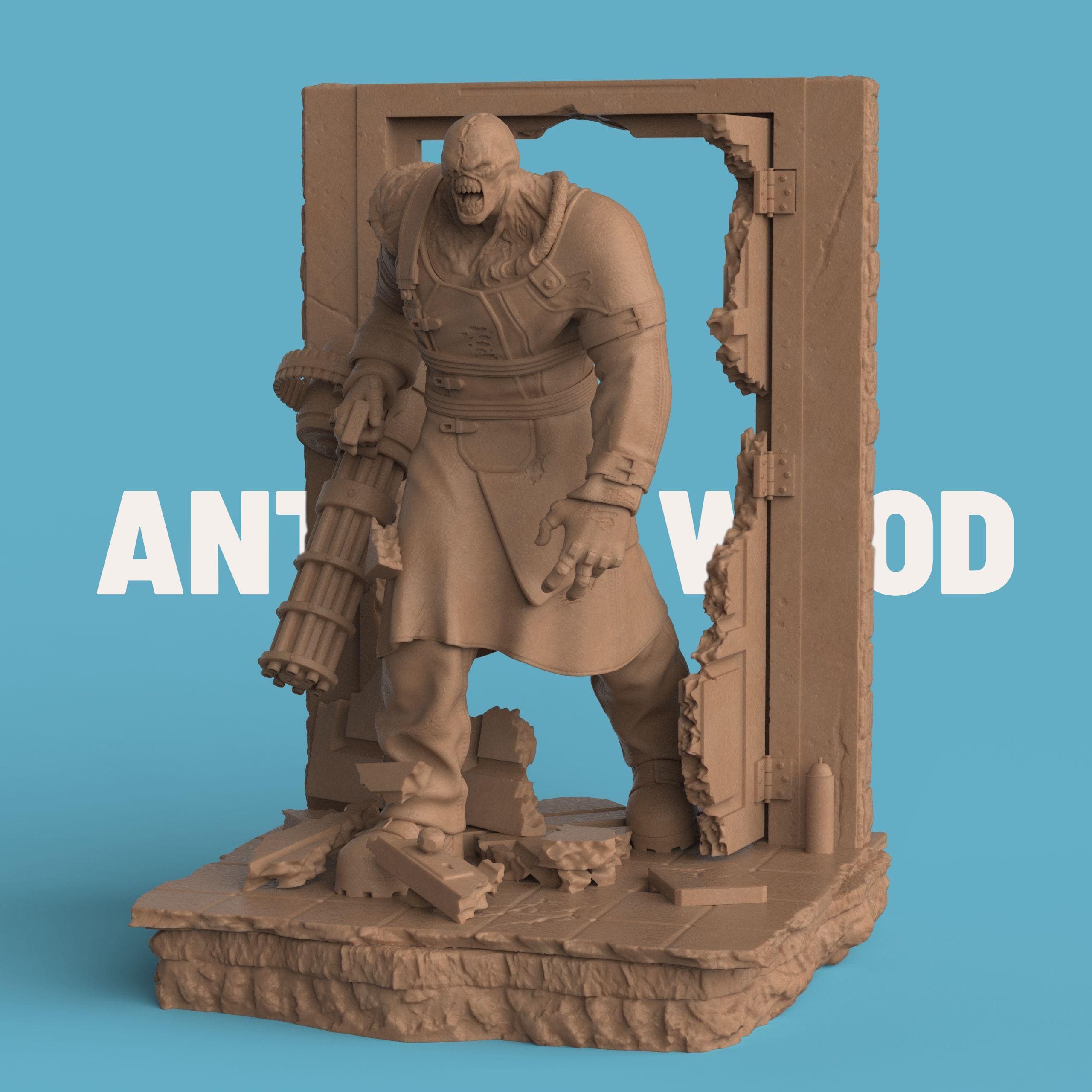 A figurine depicting Nemesis of the Dead, featuring a monstrous humanoid character with exposed, veined shoulders and a heavily scarred face. The figure stands menacingly inside a battered doorway, holding a large gatling gun and wearing a tattered black trench coat. The base shows broken debris and rubble, emphasizing a sense of destruction.