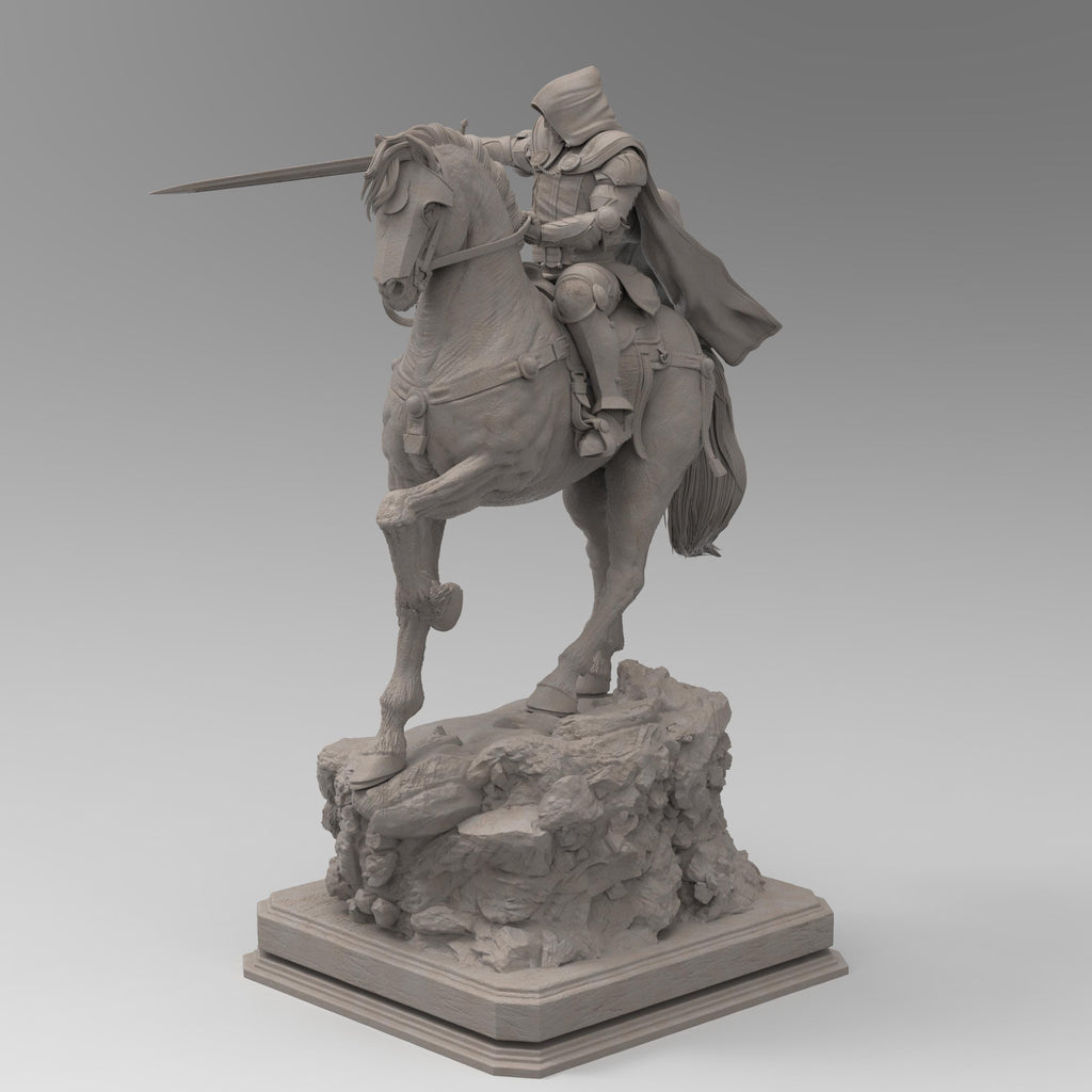May include: A beige colored statue of a knight riding a horse. The Armored Revenant is wearing a hooded cloak and holding a sword. The horse is standing on a rocky base.