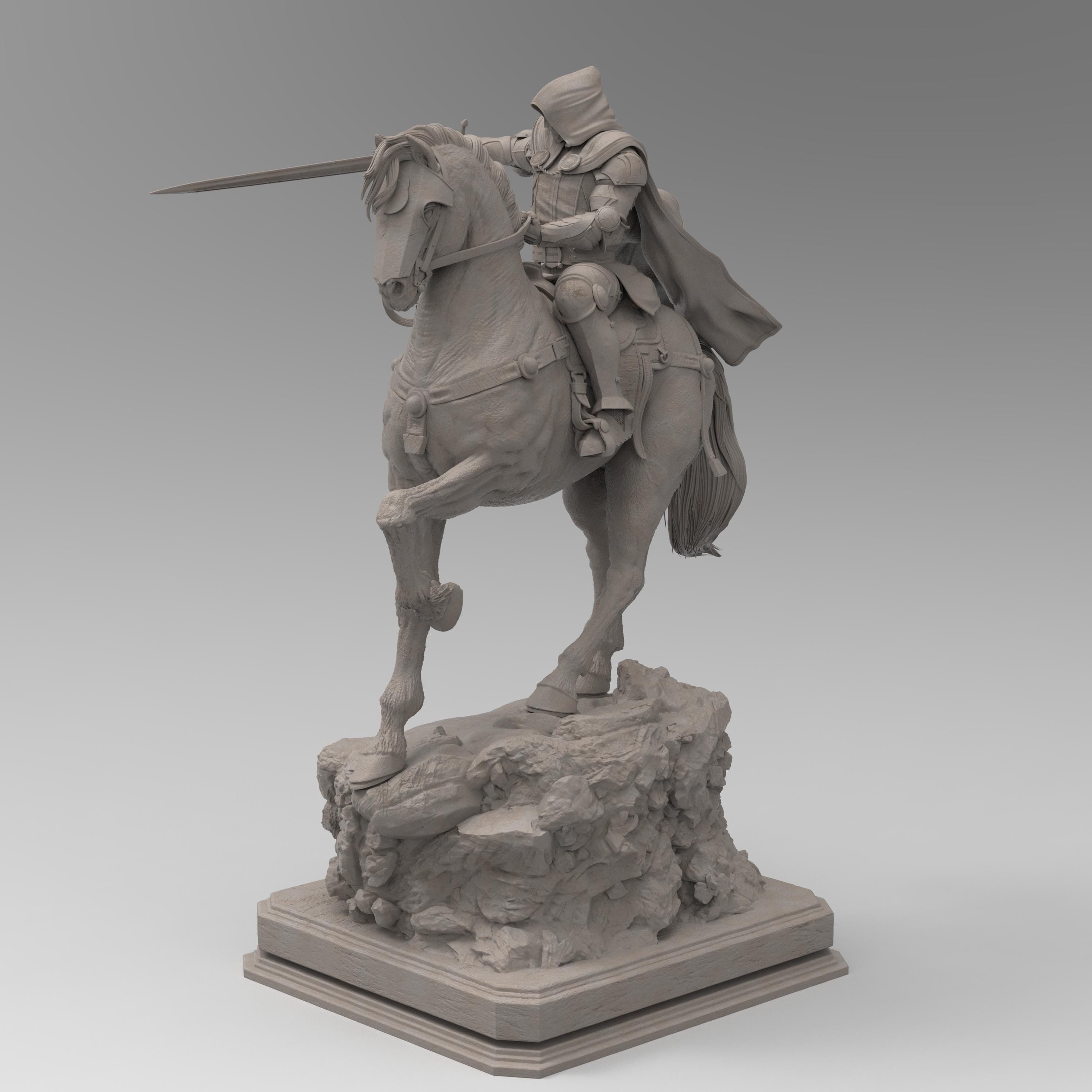 May include: A beige colored statue of a knight riding a horse. The Armored Revenant is wearing a hooded cloak and holding a sword. The horse is standing on a rocky base.