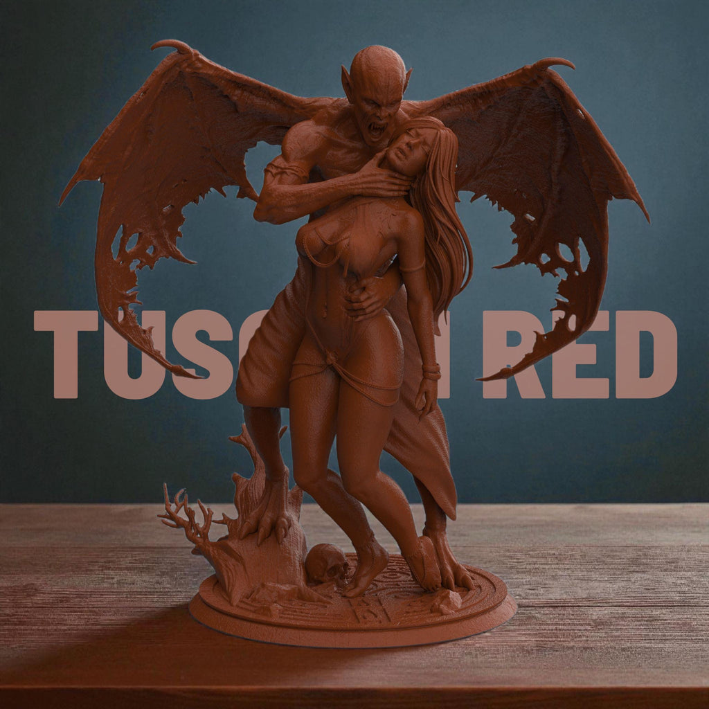 3D-printed Dracula’s Desire figurine featuring a dramatic vampire and victim scene, capturing gothic passion and dark fantasy. The detailed sculpture showcases expressive poses, intricate anatomy, and realistic textures — from tattered wings to flowing hair — symbolizing temptation, dominance, and the timeless allure of the night.