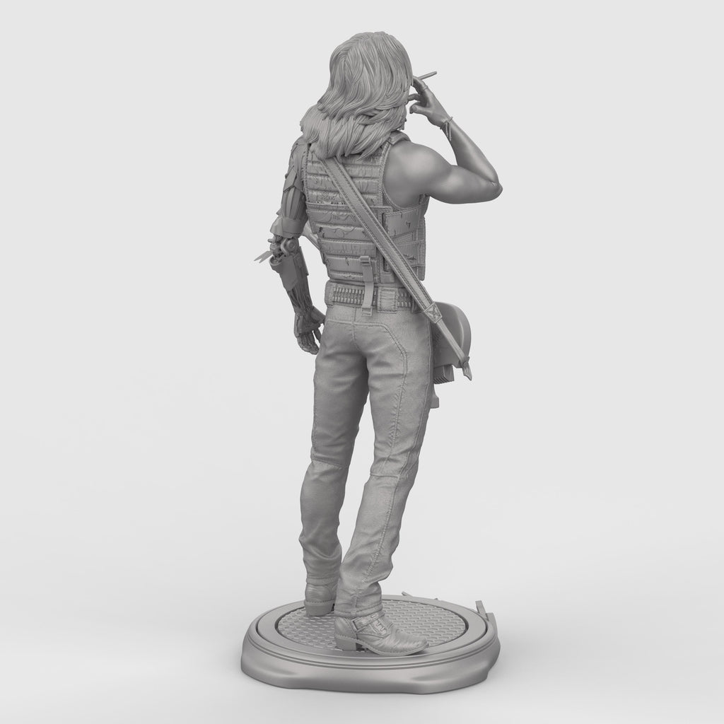 Highly detailed Johnny collectible statue inspired by Cyberpunk, featuring the iconic rocker with cybernetic arm, tactical vest, and electric guitar slung across his body. Posed mid-smoke on a stylized base. Available in full color, gold, silver, bronze, Stone Gray, Walnut finishes for striking display options.