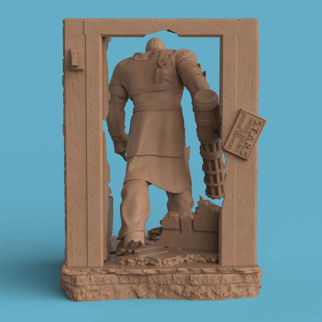 A figurine depicting Nemesis of the Dead, featuring a monstrous humanoid character with exposed, veined shoulders and a heavily scarred face. The figure stands menacingly inside a battered doorway, holding a large gatling gun and wearing a tattered black trench coat. The base shows broken debris and rubble, emphasizing a sense of destruction.