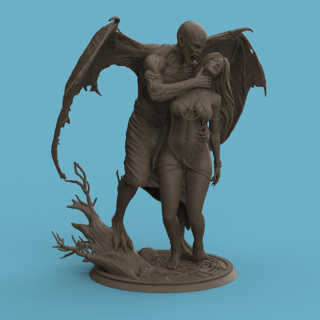 3D-printed Dracula’s Desire figurine featuring a dramatic vampire and victim scene, capturing gothic passion and dark fantasy. The detailed sculpture showcases expressive poses, intricate anatomy, and realistic textures — from tattered wings to flowing hair — symbolizing temptation, dominance, and the timeless allure of the night.