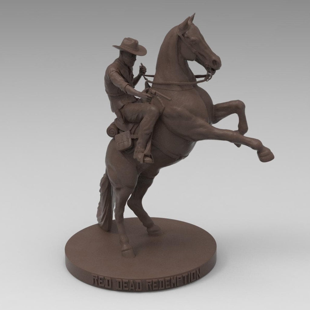 Antique wood-colored statue of The Wild West Cowboy, mounted on a rearing horse, holding a rifle, with intricate details on the base inscribed &#39;Red Dead Redemption.