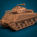 M4A3R3 Sherman Zippo tank miniature featuring detailed WWII US flamethrower tank design, twin barrels, armored turret, realistic tracks, and surface panel details. Resin military model for tabletop wargaming, dioramas, and collectors.