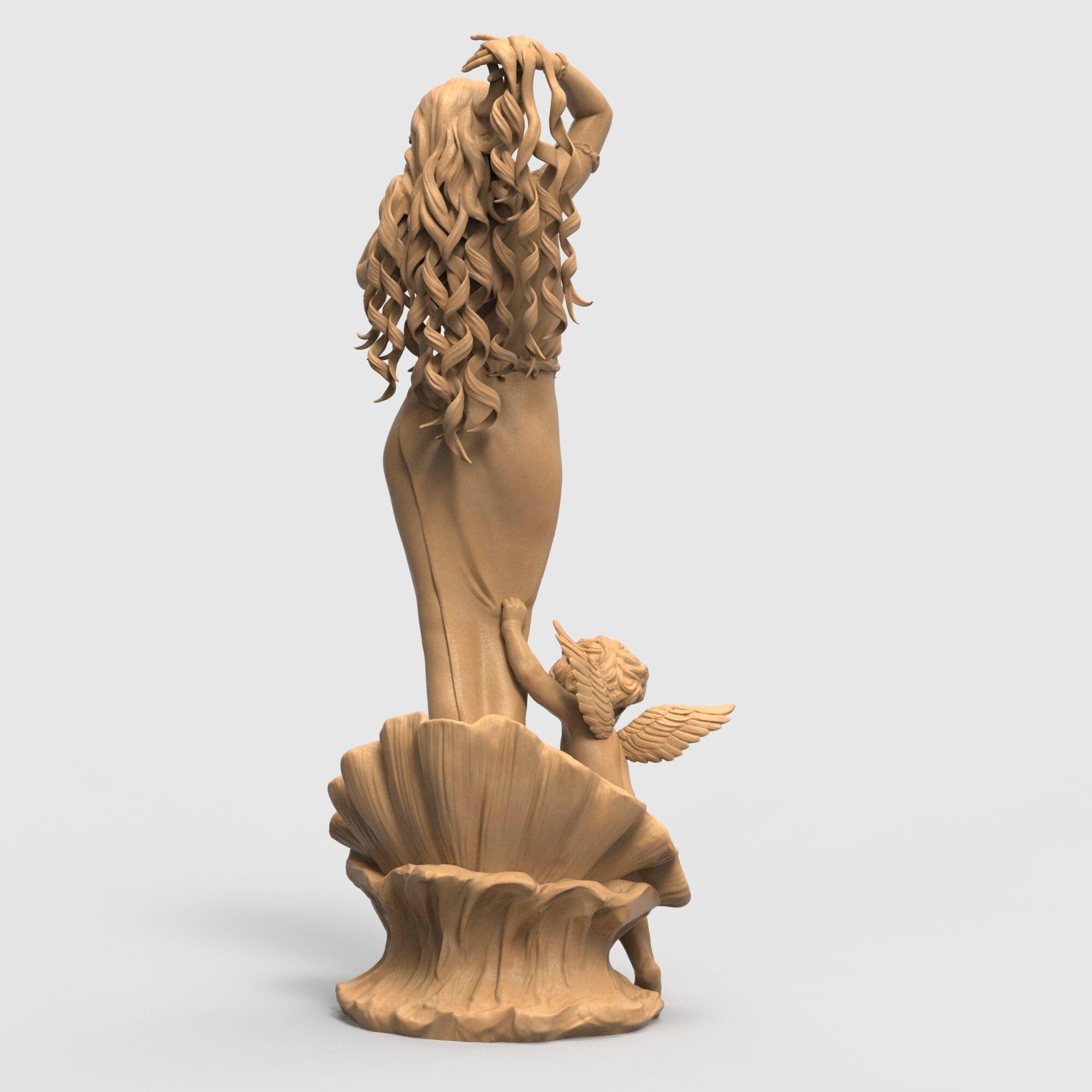 Aphrodite Robe Edition captures the goddess of love in an elegant pose, rising from a seashell as a cherub reaches toward her. This 3D-printed sculpture is a tribute to beauty and myth, featuring flowing hair, a delicate robe, and intricate detail that brings classical charm into any space.