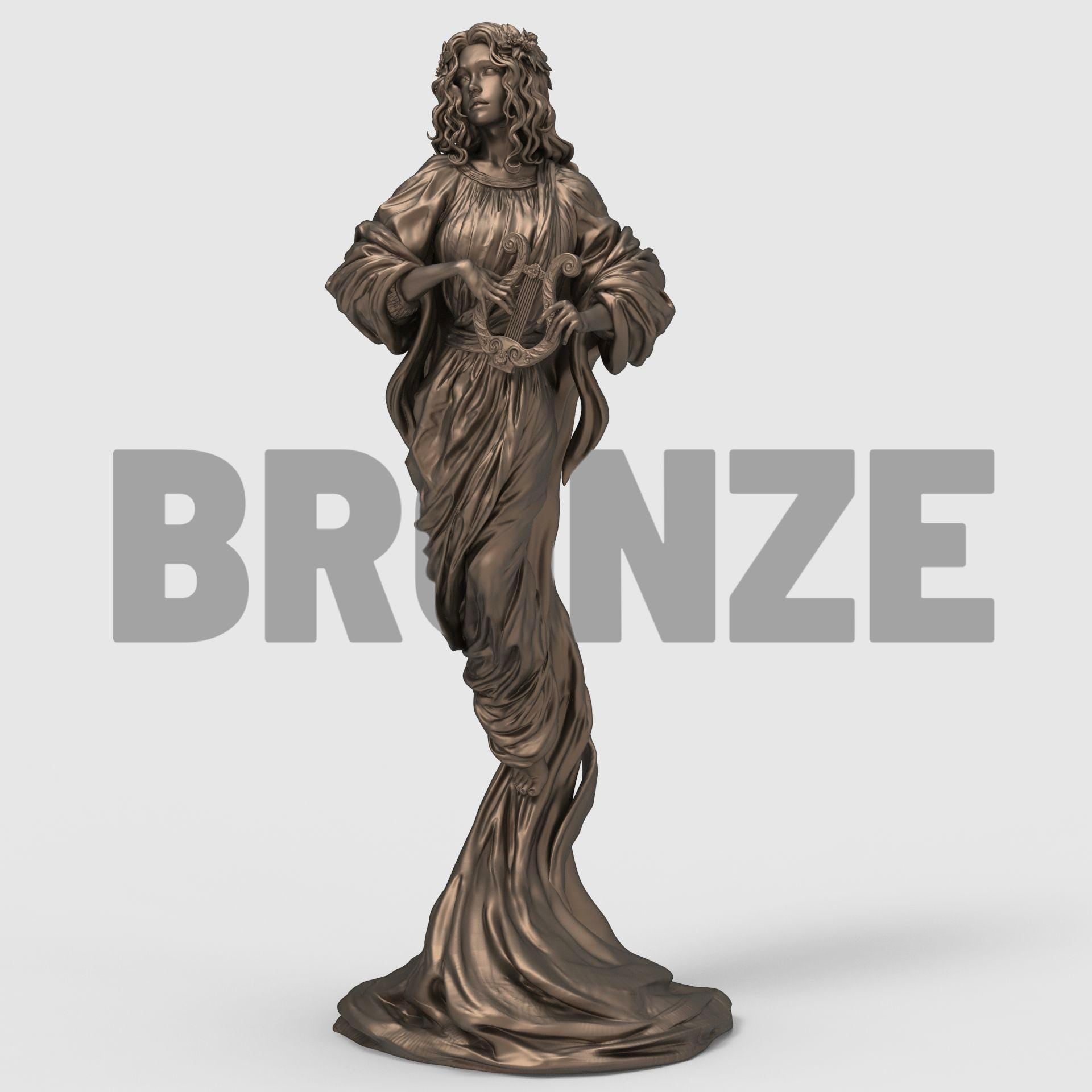 The Muse statuette featuring a graceful woman in flowing robes holding a lyre, with detailed drapery and serene expression, available in fully painted and unpainted resin versions.