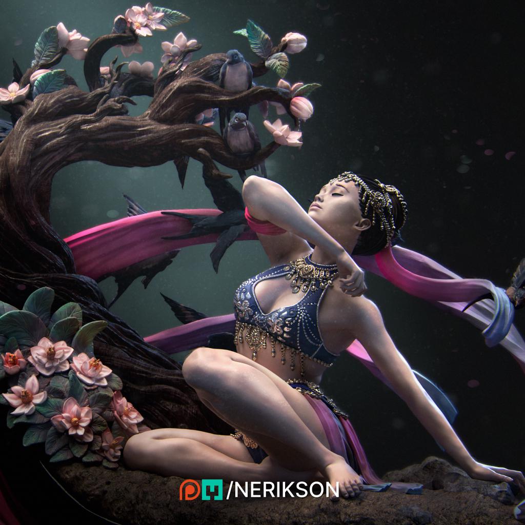 Spring’s Awakening captures a serene goddess embraced by nature as she greets the morning breeze. With flowers blooming around her and birds in flight, this sculpture evokes renewal and harmony. Ideal for fantasy lovers and collectors.