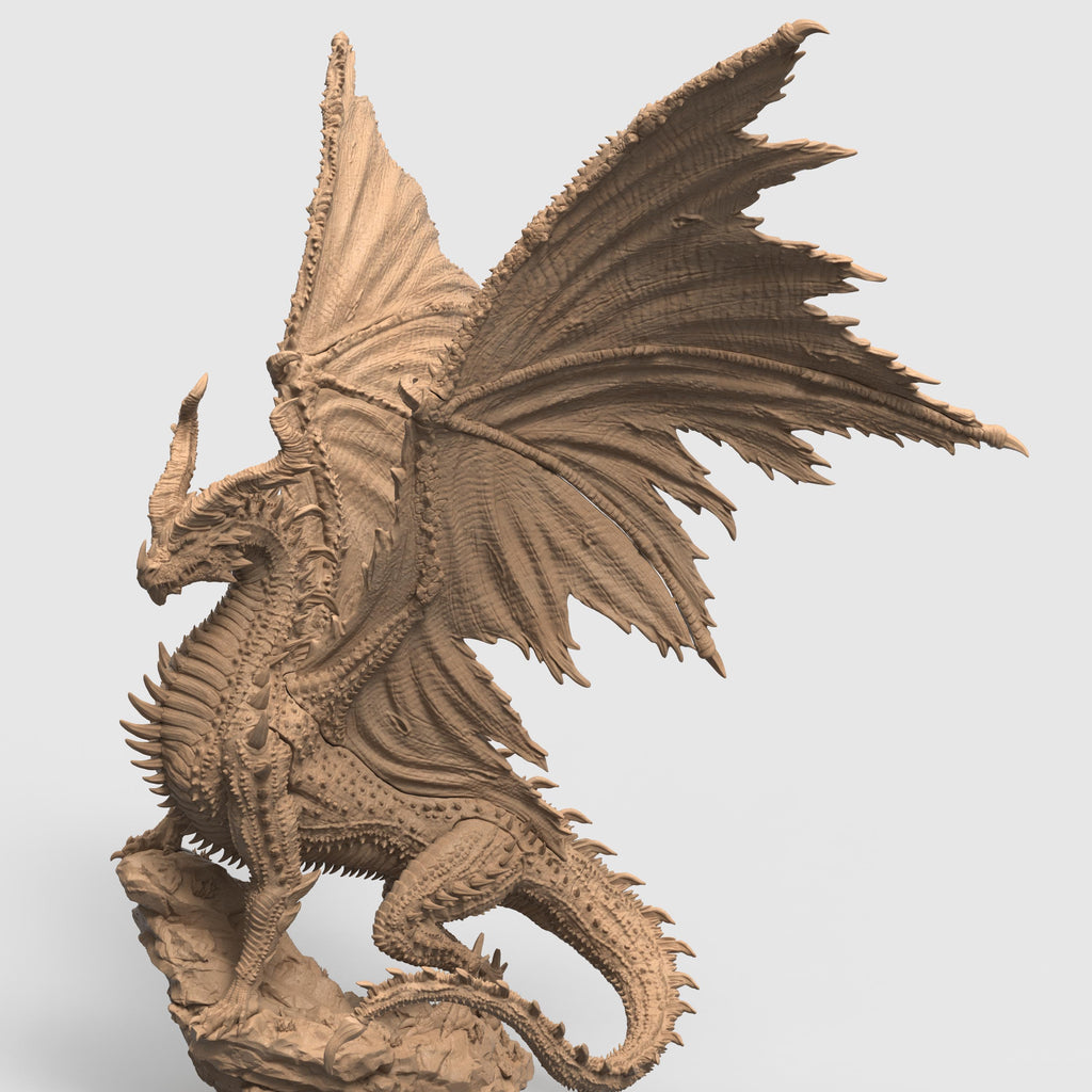 Highly detailed 3D-printed miniature of a Black Ancient Dragon perched atop jagged rocky terrain. The dragon features menacing horns, sharp spines along its body, and expansive, tattered wings spread wide in a dominant pose. Sculpted with fine textures, including intricate scales and a fierce, snarling expression.