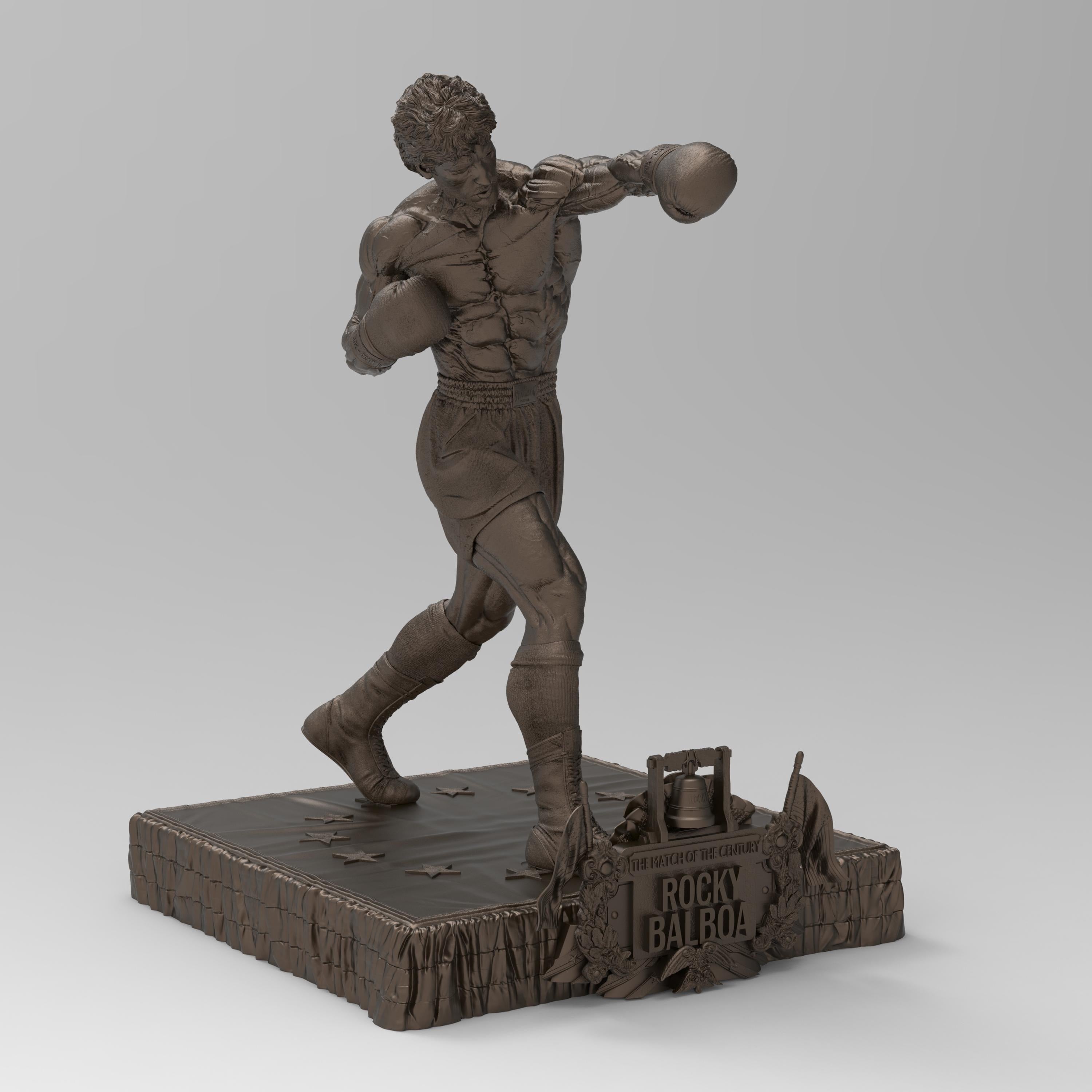 Rocky Balboa statuette capturing the iconic boxer in a powerful fighting stance. Features sculpted muscles, boxing gloves, and a detailed base with championship elements, embodying determination and resilience.