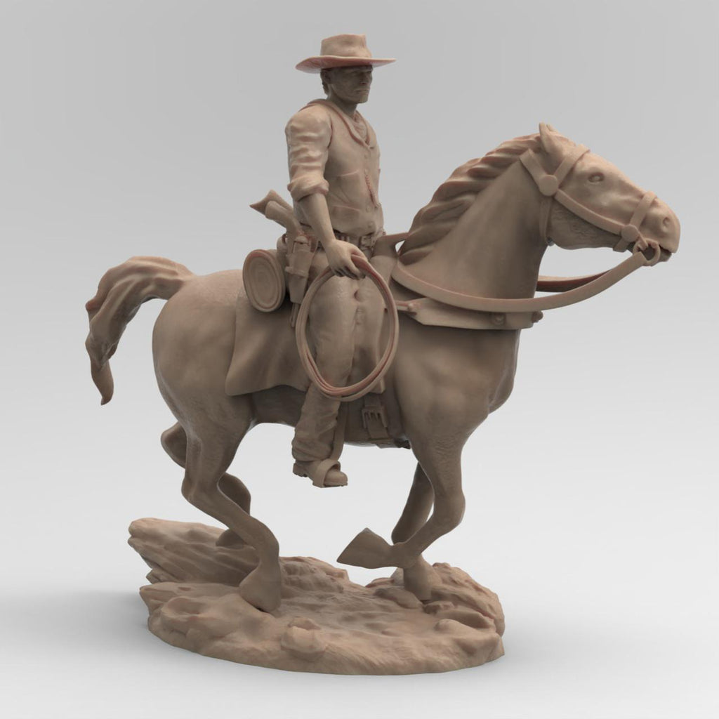Antique wood-colored statue of a cowboy on horseback, holding a rope and equipped with a rifle and saddle gear, standing on a rugged base with detailed textures.