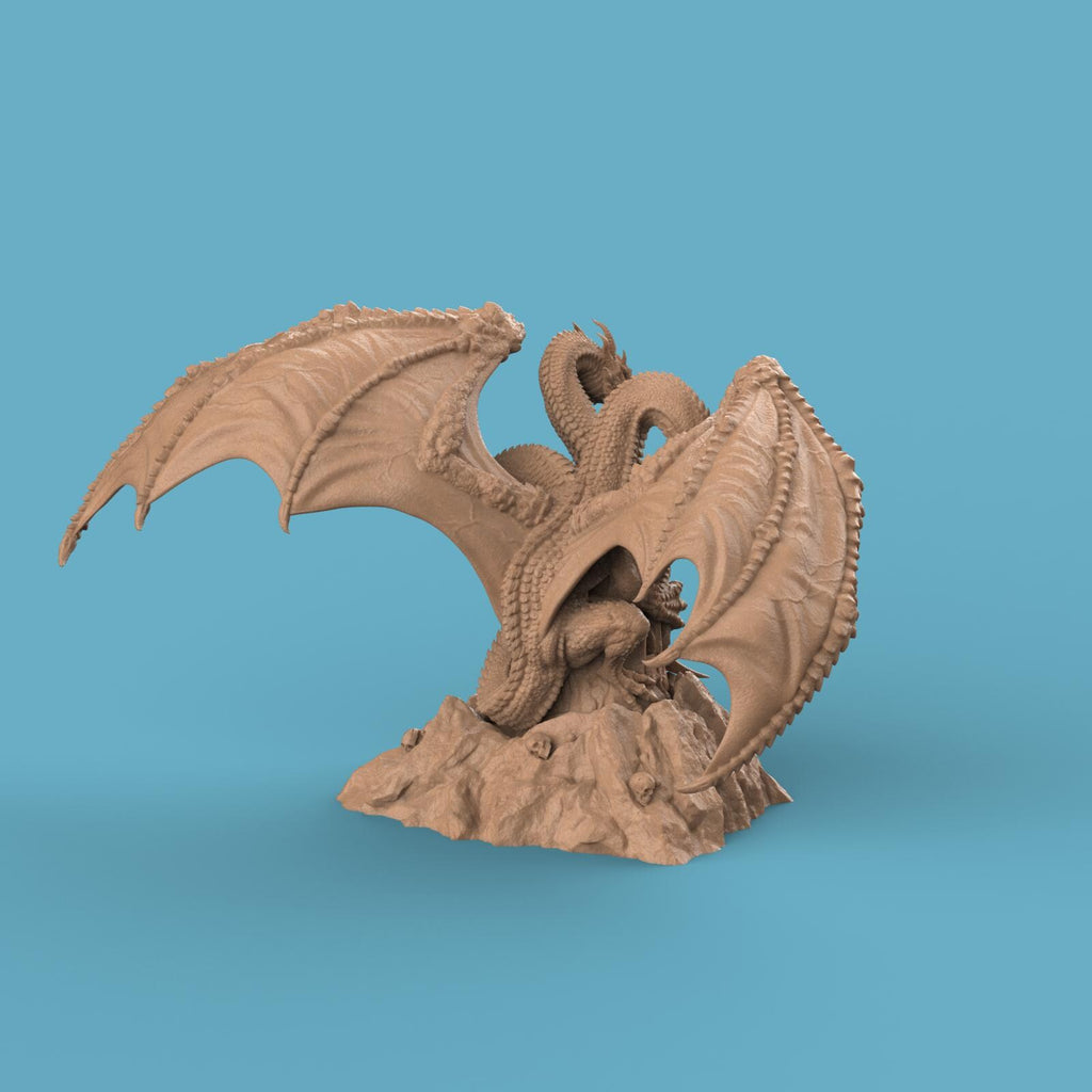 3D-printed Tridracarys Sovereign Dragon miniature featuring a three-headed dragon perched atop jagged rocks, wings spread wide and scales intricately detailed. A striking fantasy centerpiece for tabletop gaming or display.