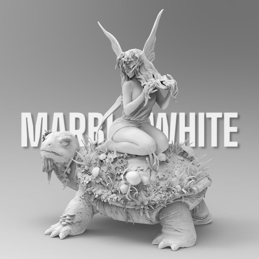 A delicate fairy with flowing hair and floral accessories sits atop a large turtle covered in lush vegetation. She gracefully plays with her hair, her translucent wings extending behind her. The turtle&#39;s wise expression adds to the enchanting scene.