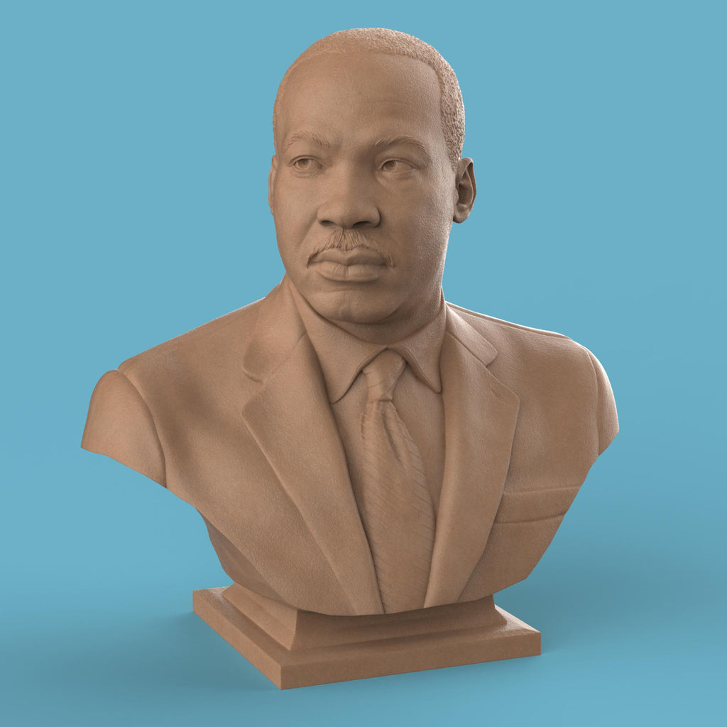 3D-printed bust of Martin Luther King Jr. in a suit and tie, capturing his determined expression with fine detailing, ideal for collectors, tributes, or display décor.