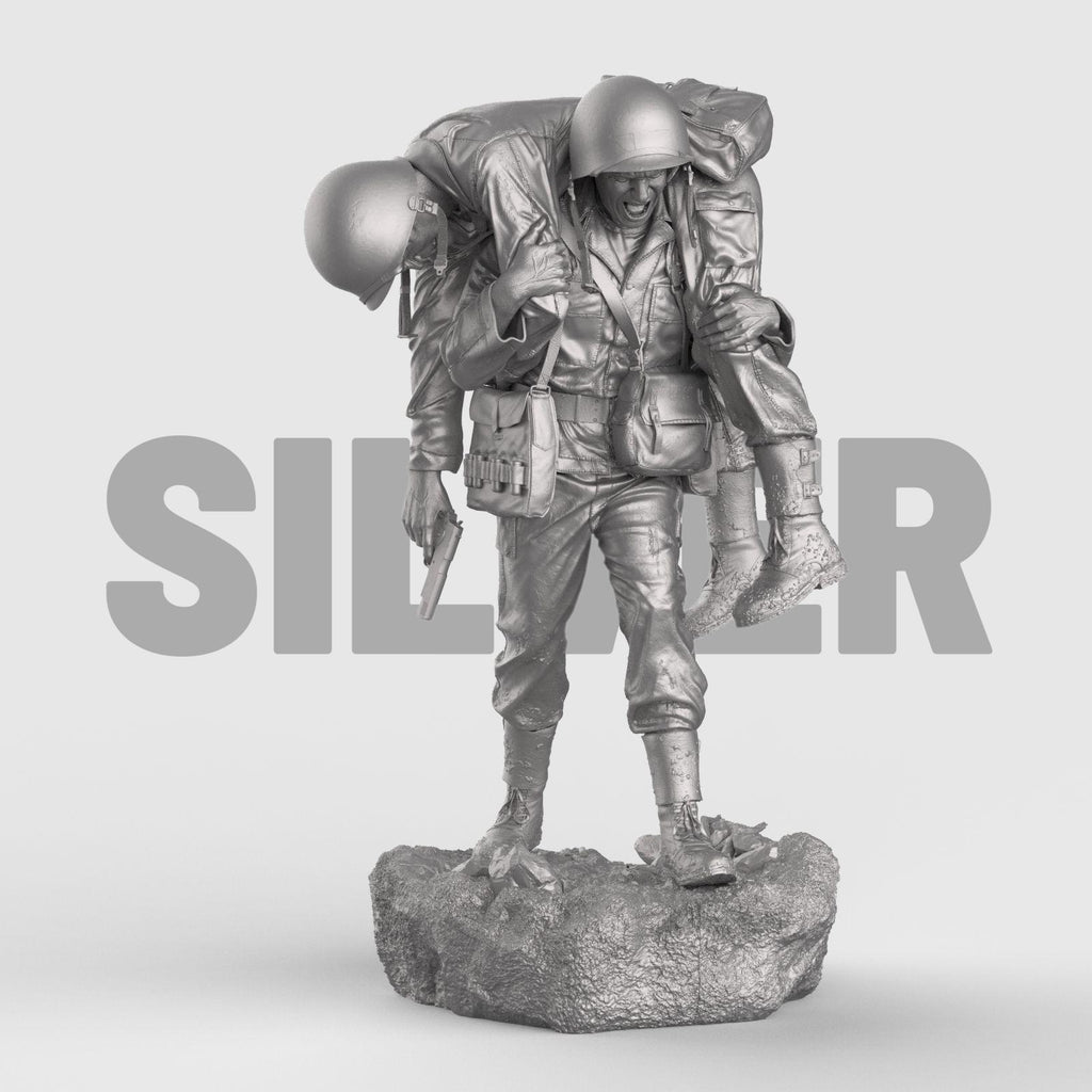 Detailed 3D-printed statue of a WWII soldier carrying a wounded comrade on his back, symbolizing courage, sacrifice, and brotherhood in battle. The figure is set on a rocky base, capturing raw emotion and heroic realism.