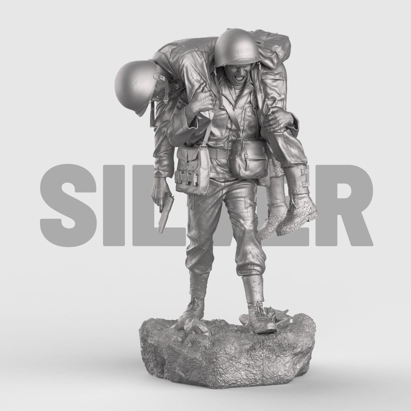 Detailed 3D-printed statue of a WWII soldier carrying a wounded comrade on his back, symbolizing courage, sacrifice, and brotherhood in battle. The figure is set on a rocky base, capturing raw emotion and heroic realism.