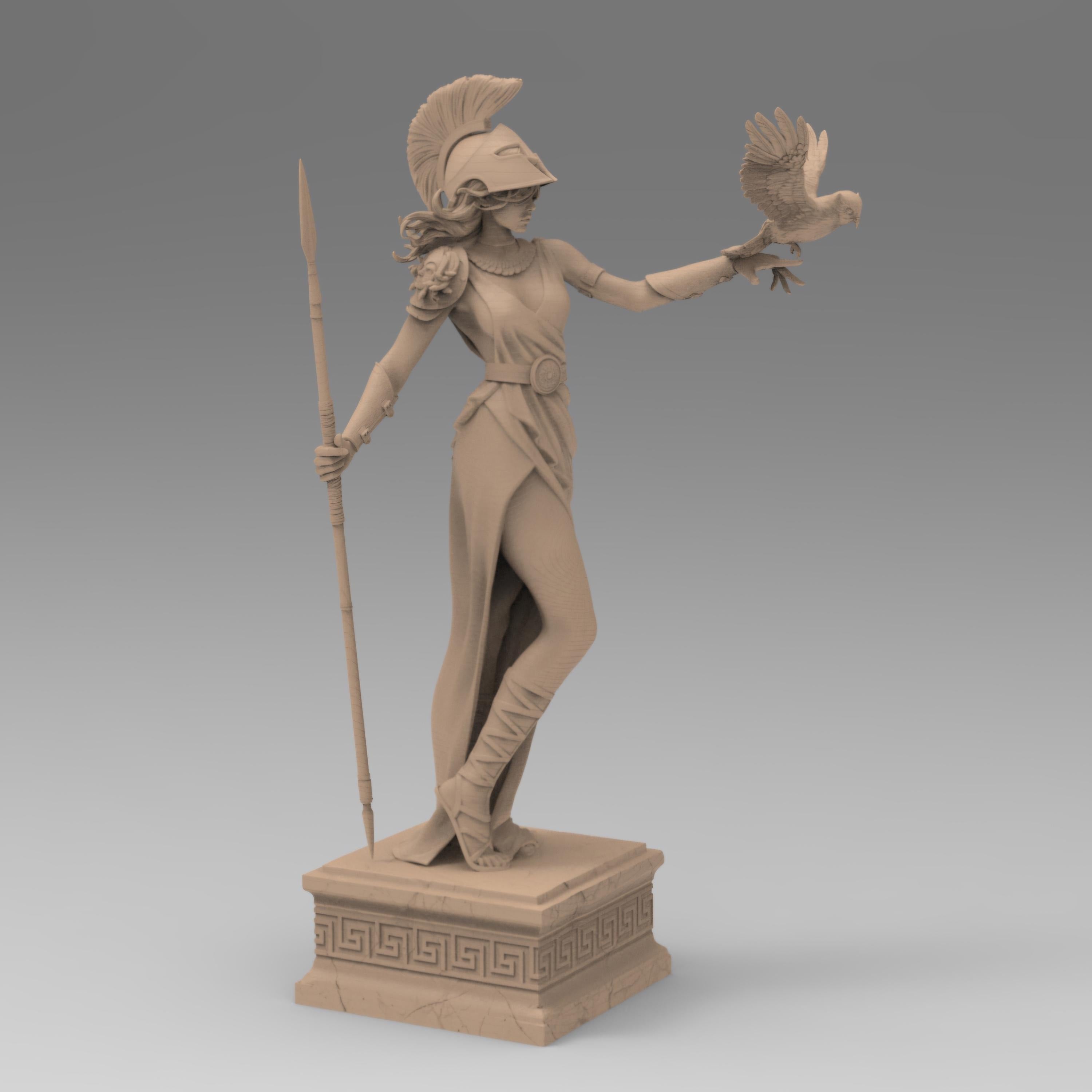 Statue of Athena, the Greek goddess of wisdom, featuring a detailed helmet, flowing robe, spear, and an owl perched on her arm, standing gracefully on a decorative pedestal.