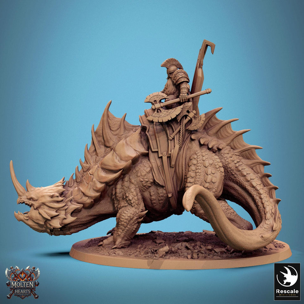Drakanchor, a mighty war beast, carries a heavily armored warrior atop its spiked back. With rugged scales, massive horns, and an imposing stance, this fearsome mount is ready for battle. A stunning piece for collectors and tabletop RPG enthusiasts.