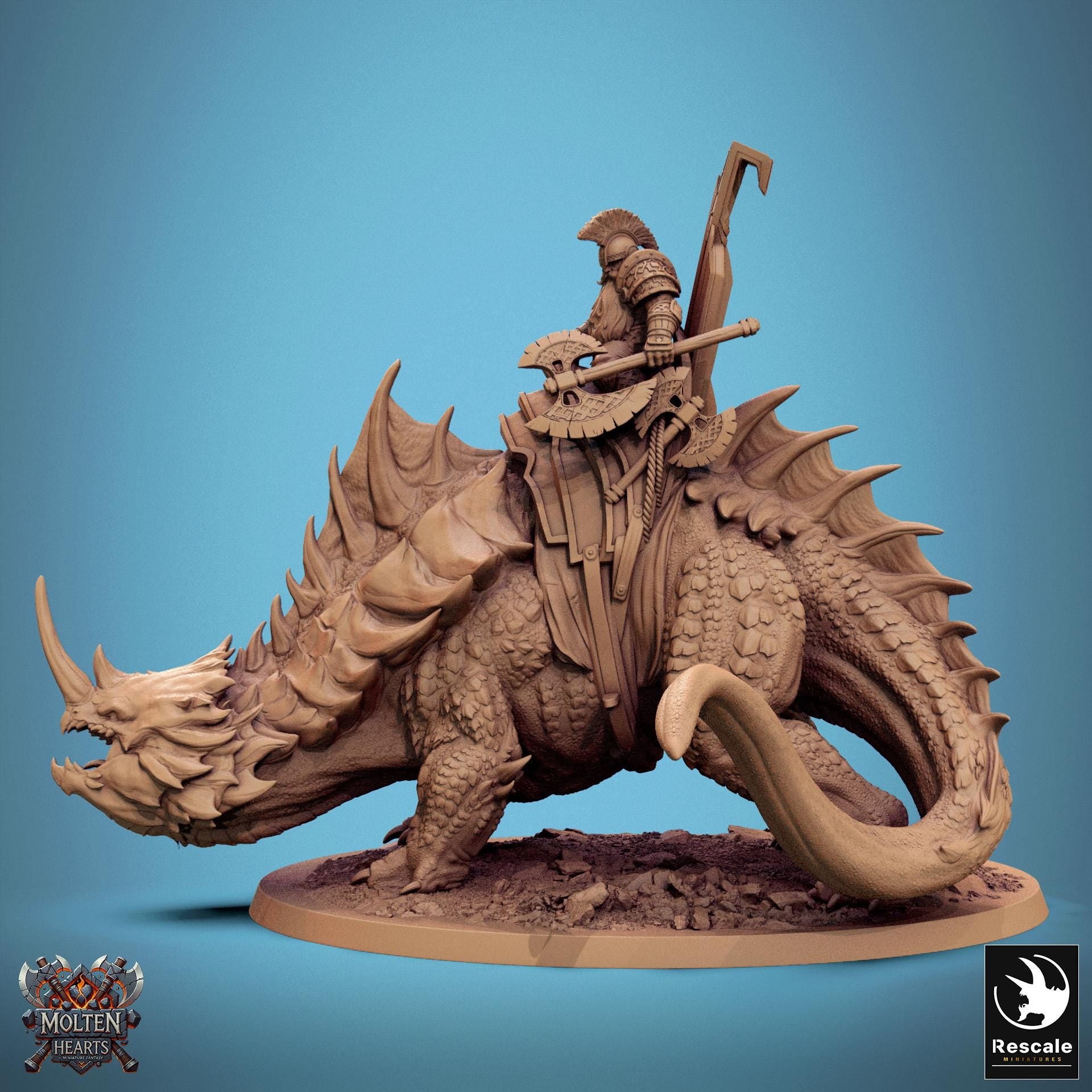 Drakanchor, a mighty war beast, carries a heavily armored warrior atop its spiked back. With rugged scales, massive horns, and an imposing stance, this fearsome mount is ready for battle. A stunning piece for collectors and tabletop RPG enthusiasts.